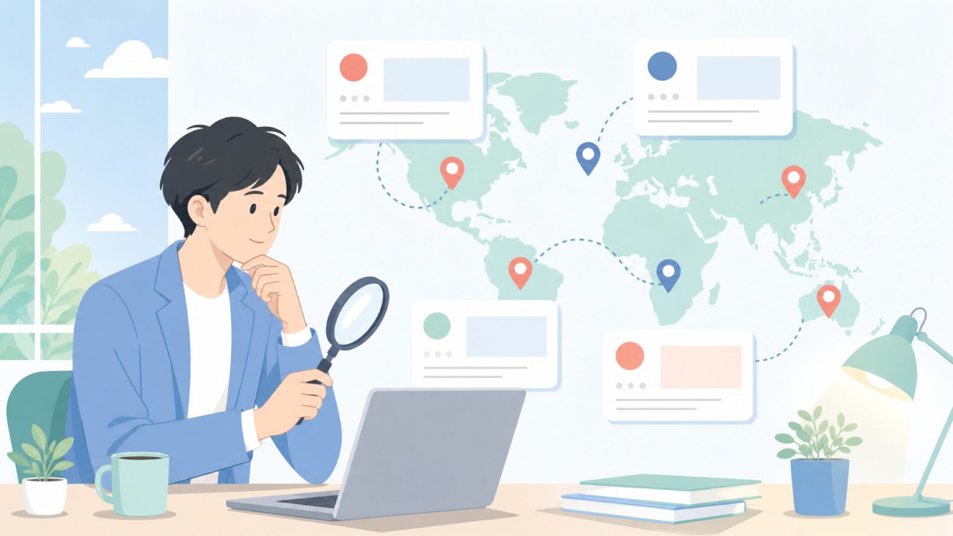 世界地図でHeycoの由来を調べる人物のイラスト
