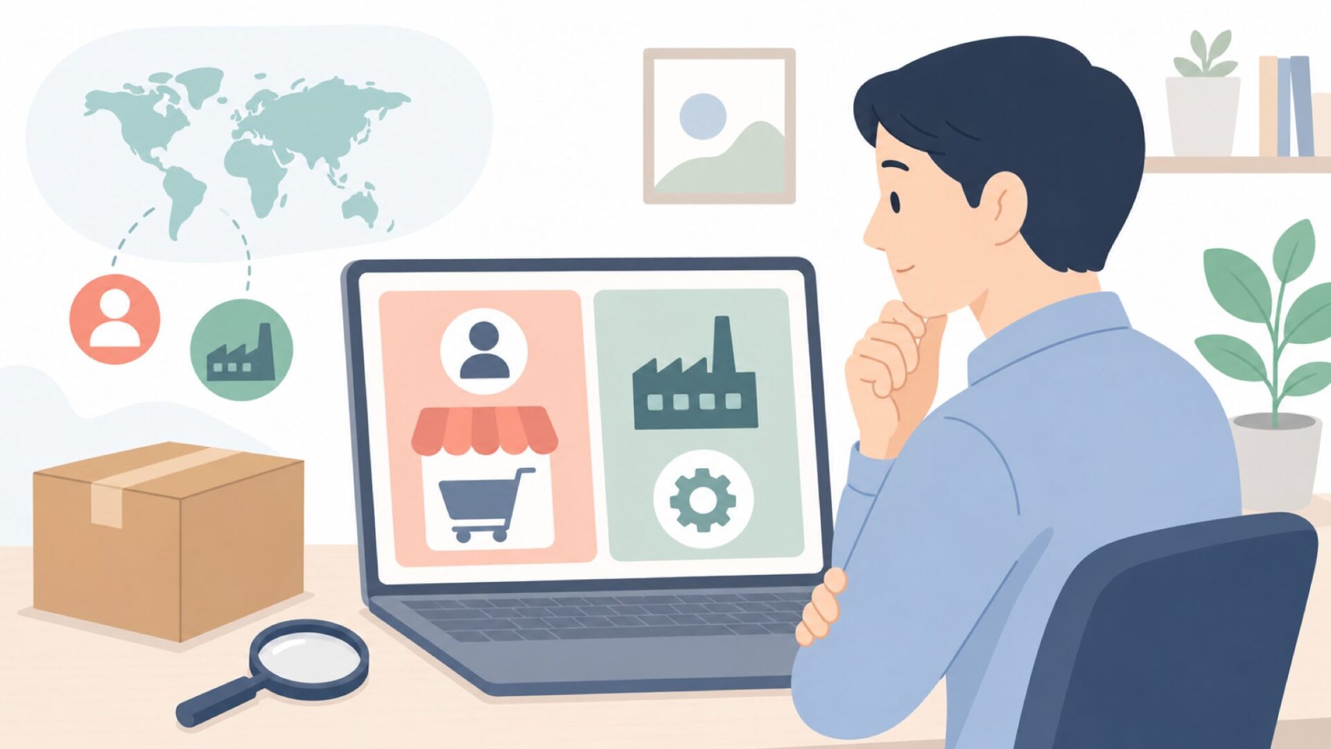 販売元と製造国を比較する人物のイラスト
