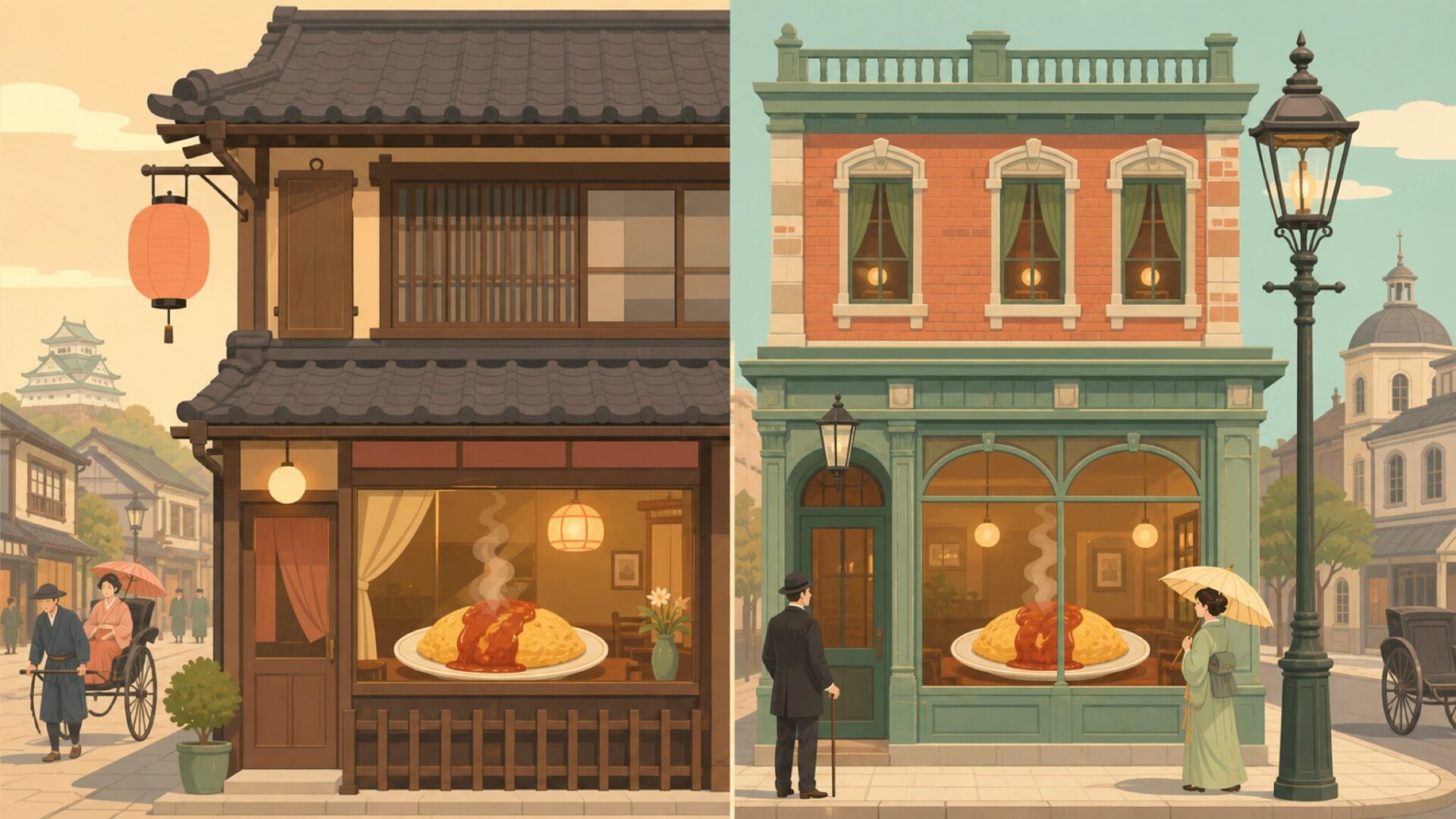 大阪と東京の明治時代の洋食店が並ぶ風景