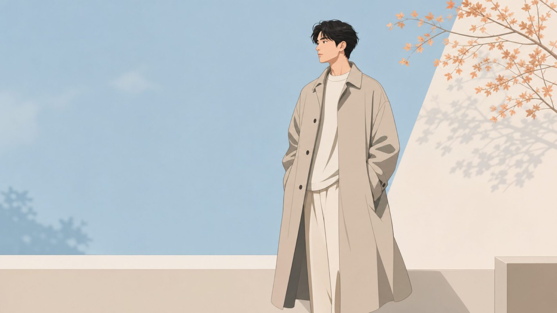 オーバーサイズロングコートを着た男性のミニマルなフラットイラスト