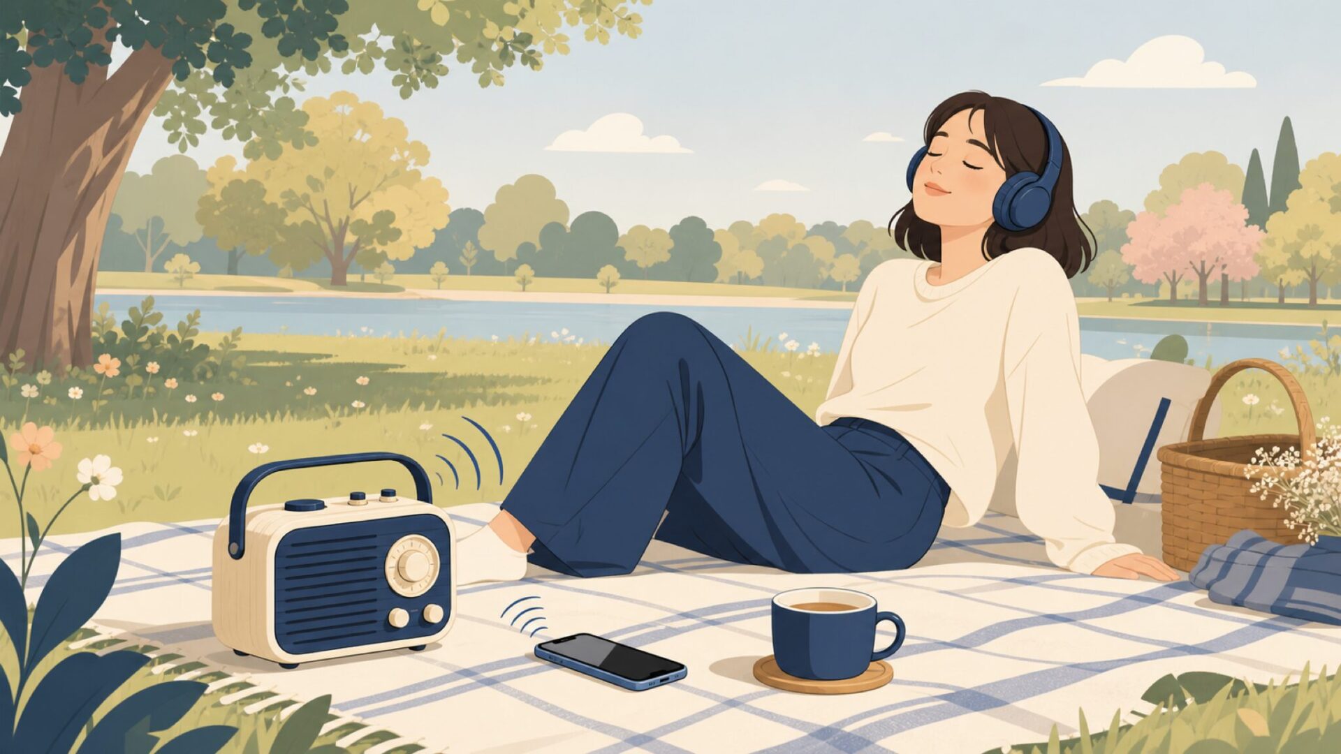 ピクニックでBluetooth接続したPAL BTを楽しむイラスト