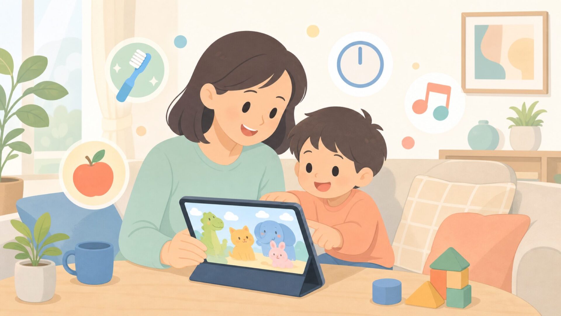 親子が知育動画を楽しく見るイラスト