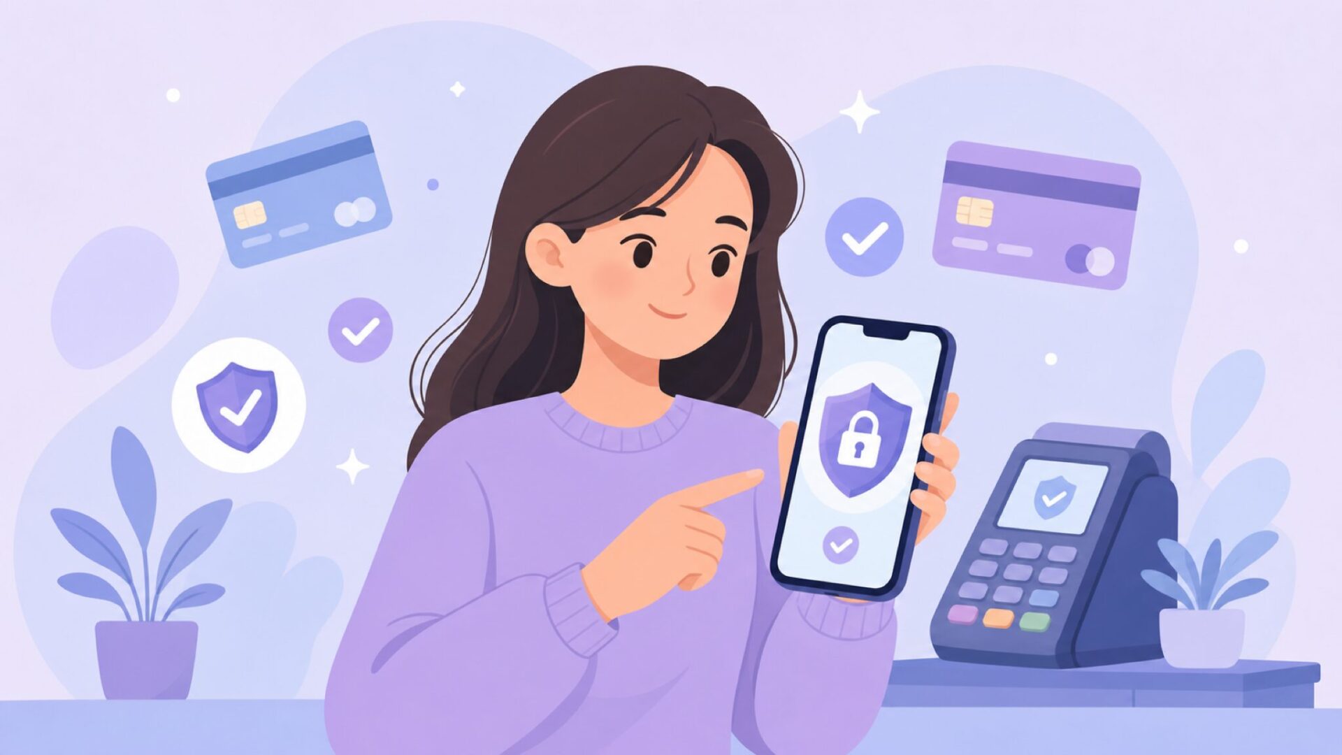 オンライン決済セキュリティを確認する女性のイラスト