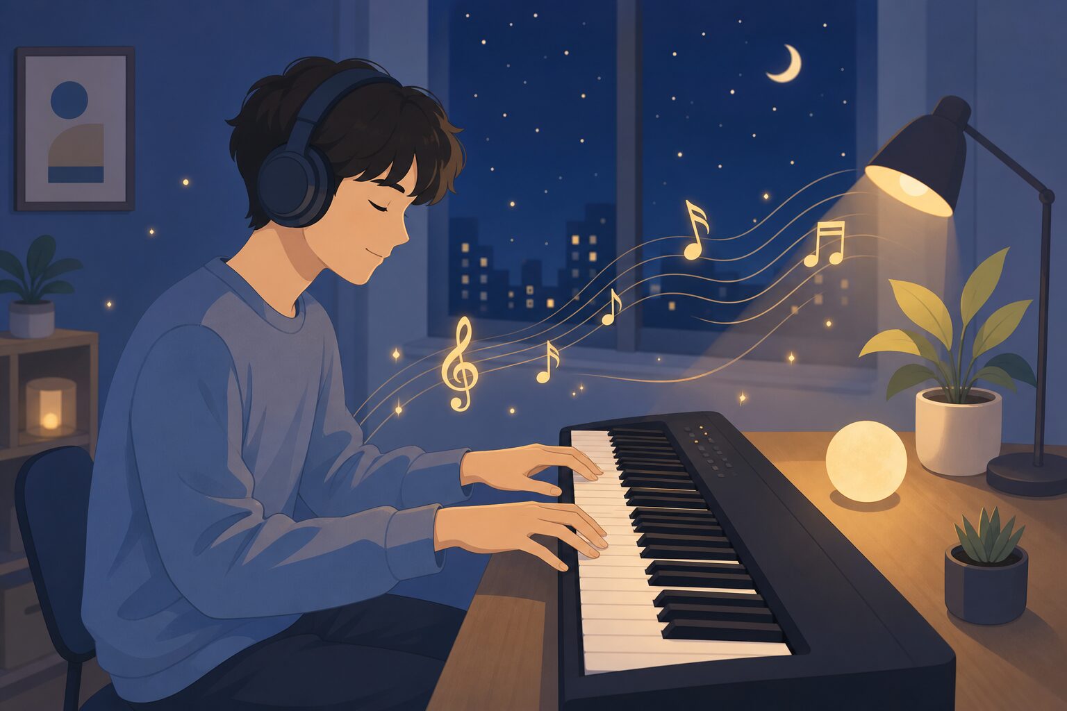ヘッドホンをつけて電子ピアノを演奏する人のイラスト