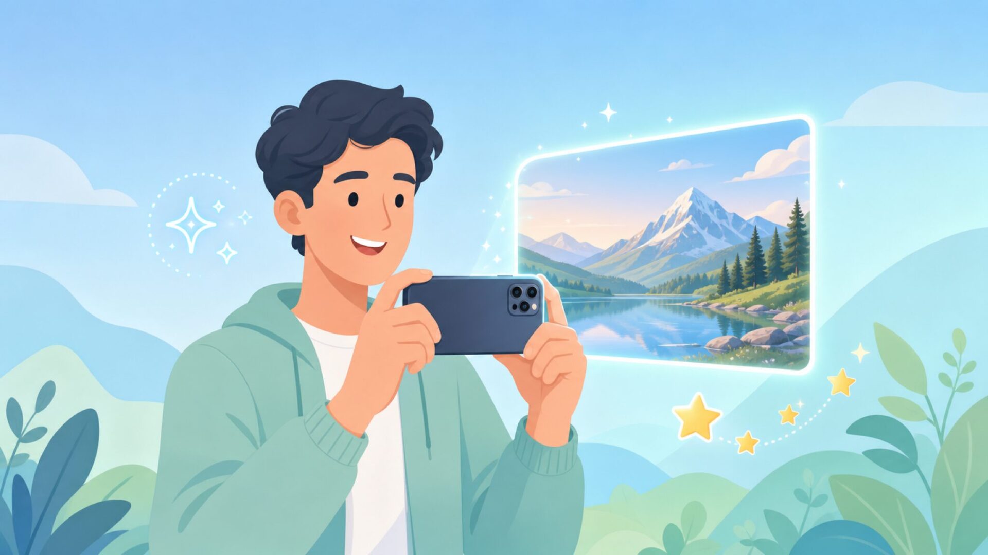 スマートフォンで写真を撮り微笑む人物とAIアイコンのイラスト
