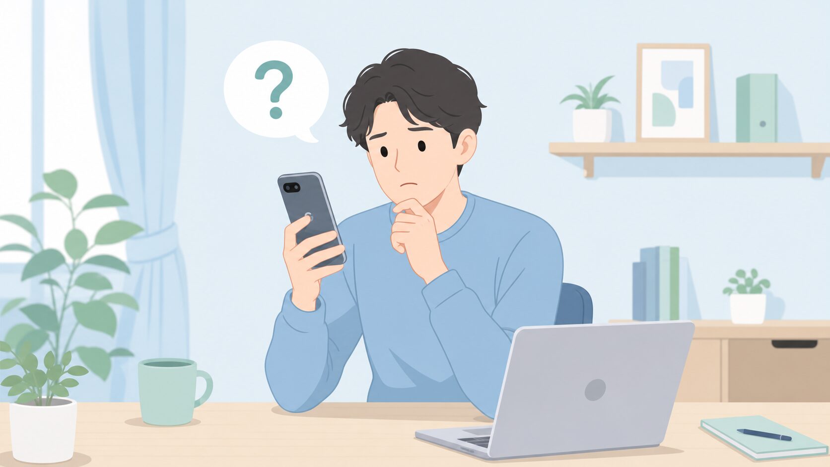 スマートフォンを手に首をかしげる30代の男性のイラスト