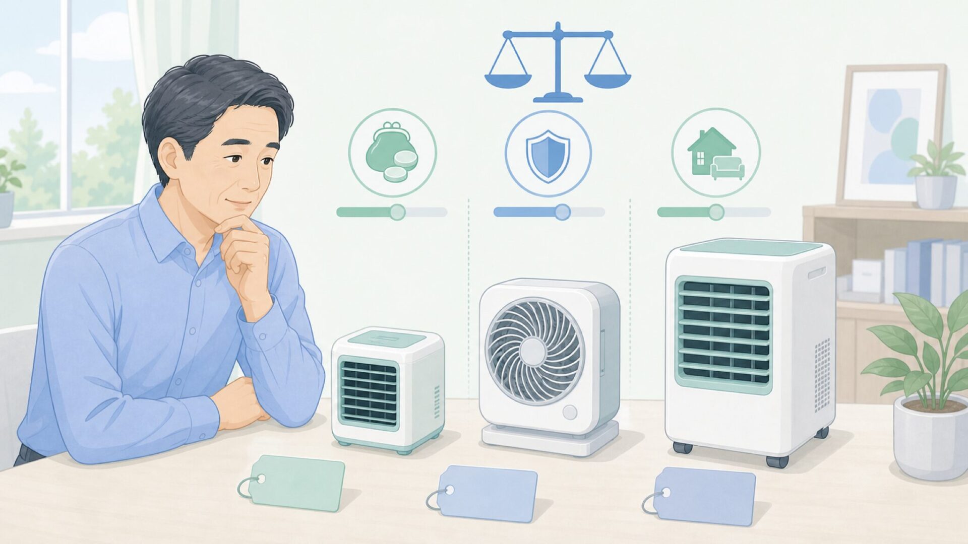 冷却家電を比較して選ぶ買い物客