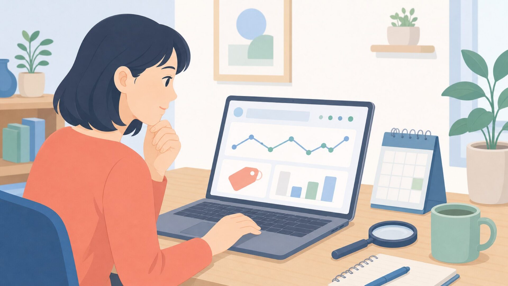価格推移とセールを確認するデスクのイラスト