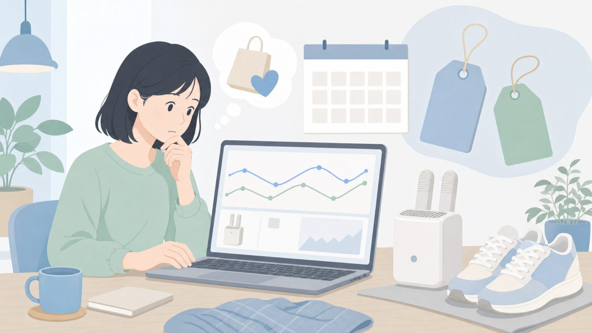 価格と買い時を確認する人のイラスト