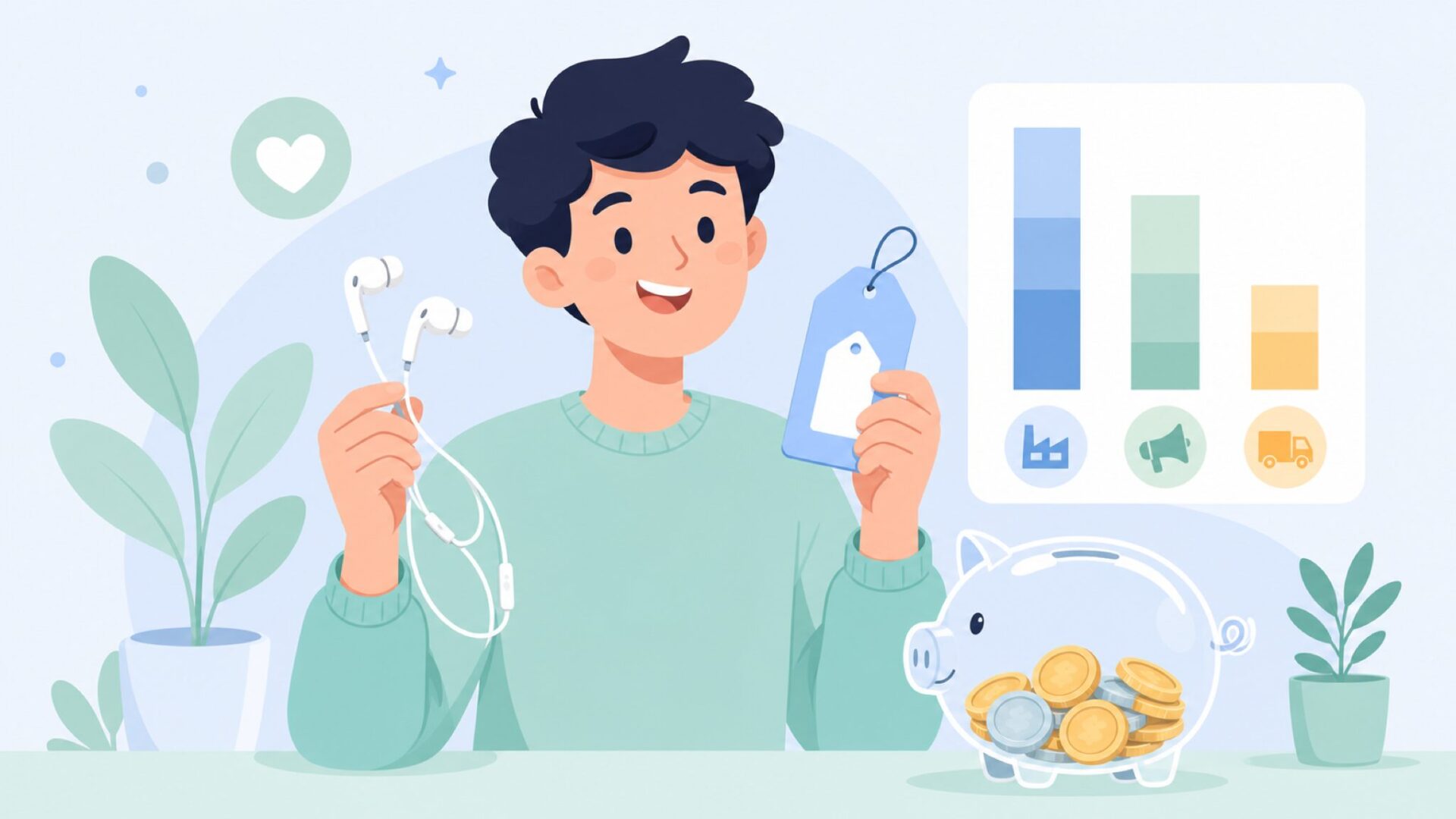 コスパの良い買い物をする人物と価格分析のイラスト