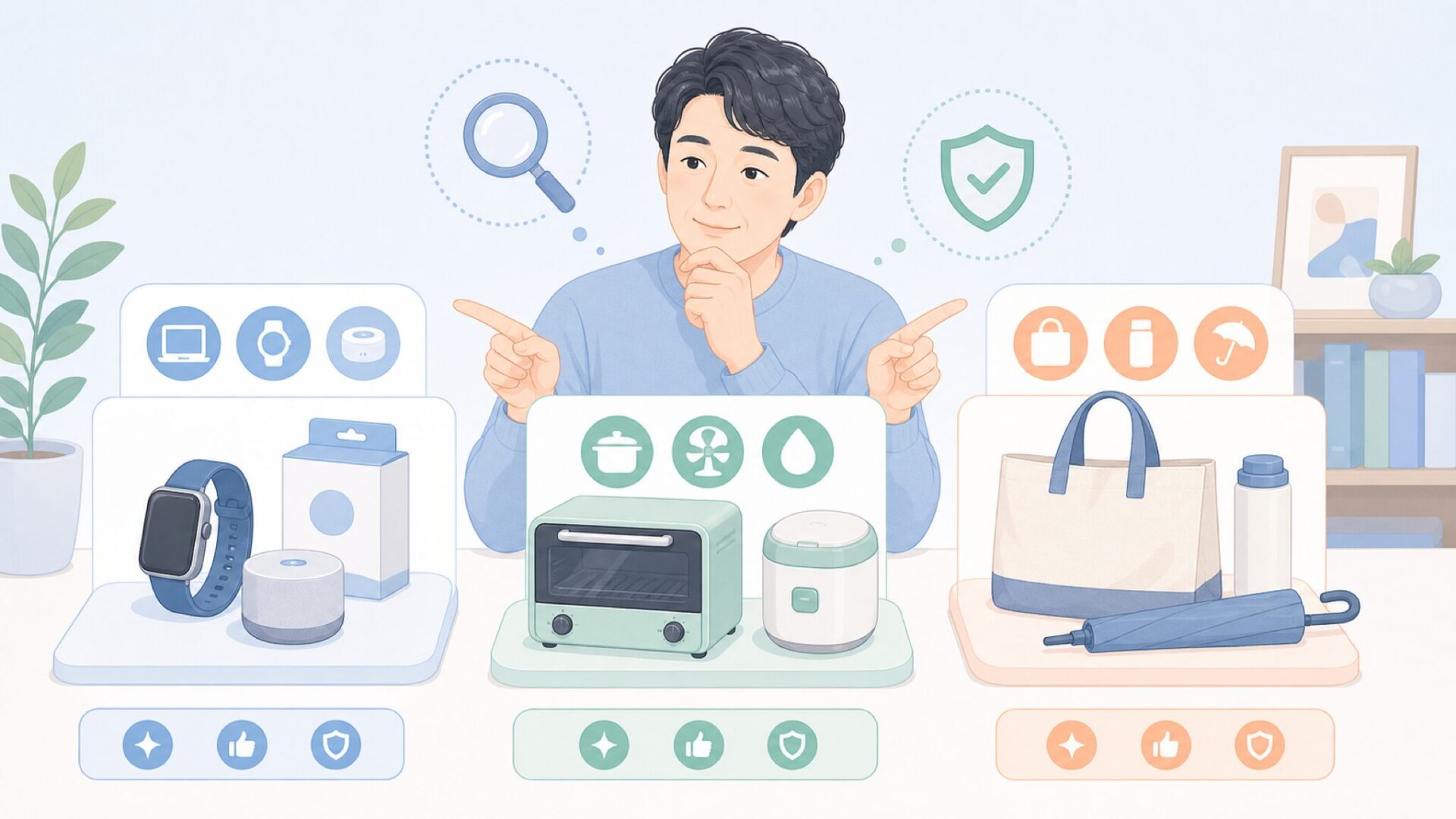 商品ジャンルごとに選び方を考えるイラスト