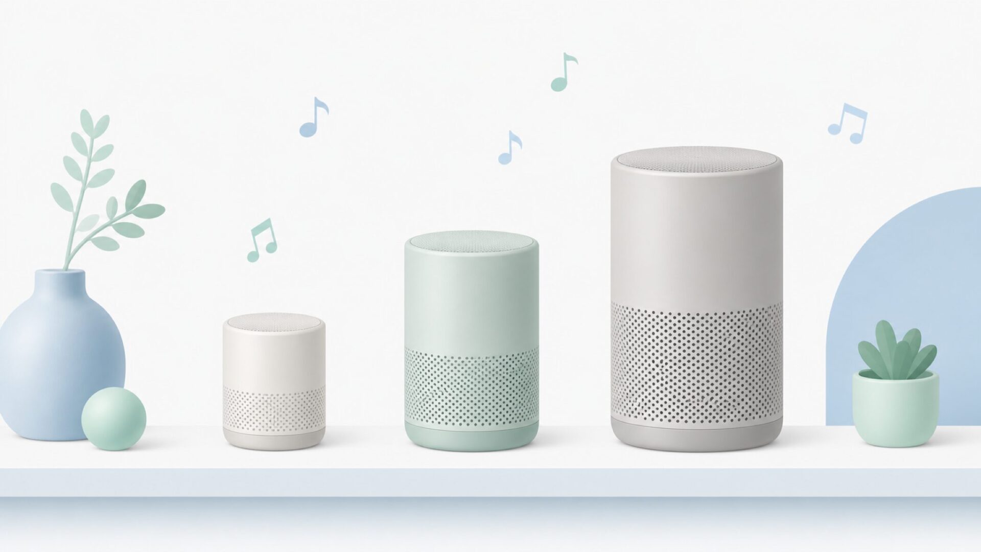 異なるサイズの3つのポータブルBluetoothスピーカーが棚に並ぶ