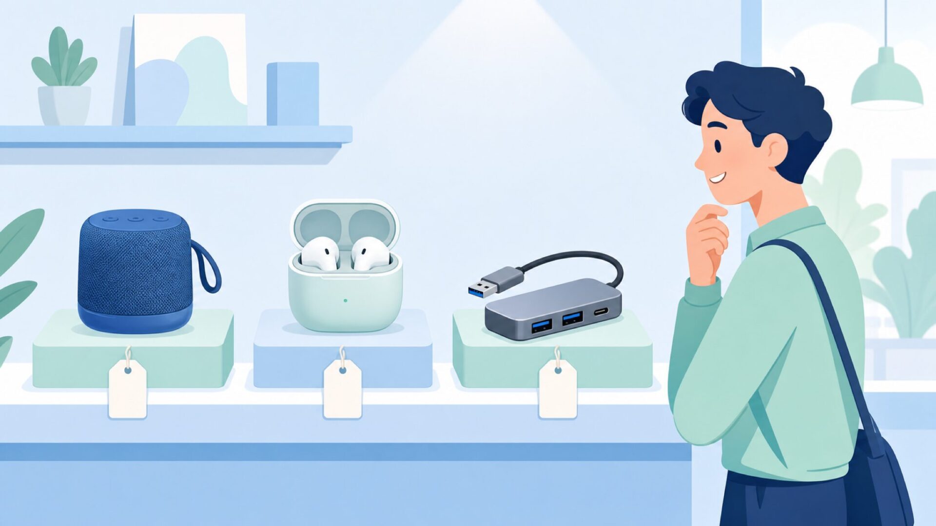 Bluetoothスピーカーやイヤホンなどオーディオ製品を並べた棚のフラットイラスト