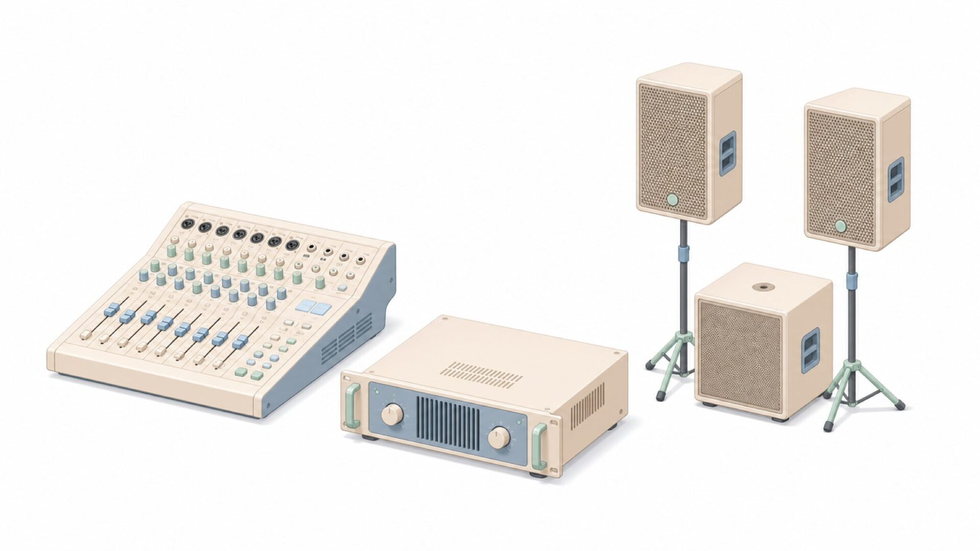 プロ音響機器のラインナップを並べたイラスト