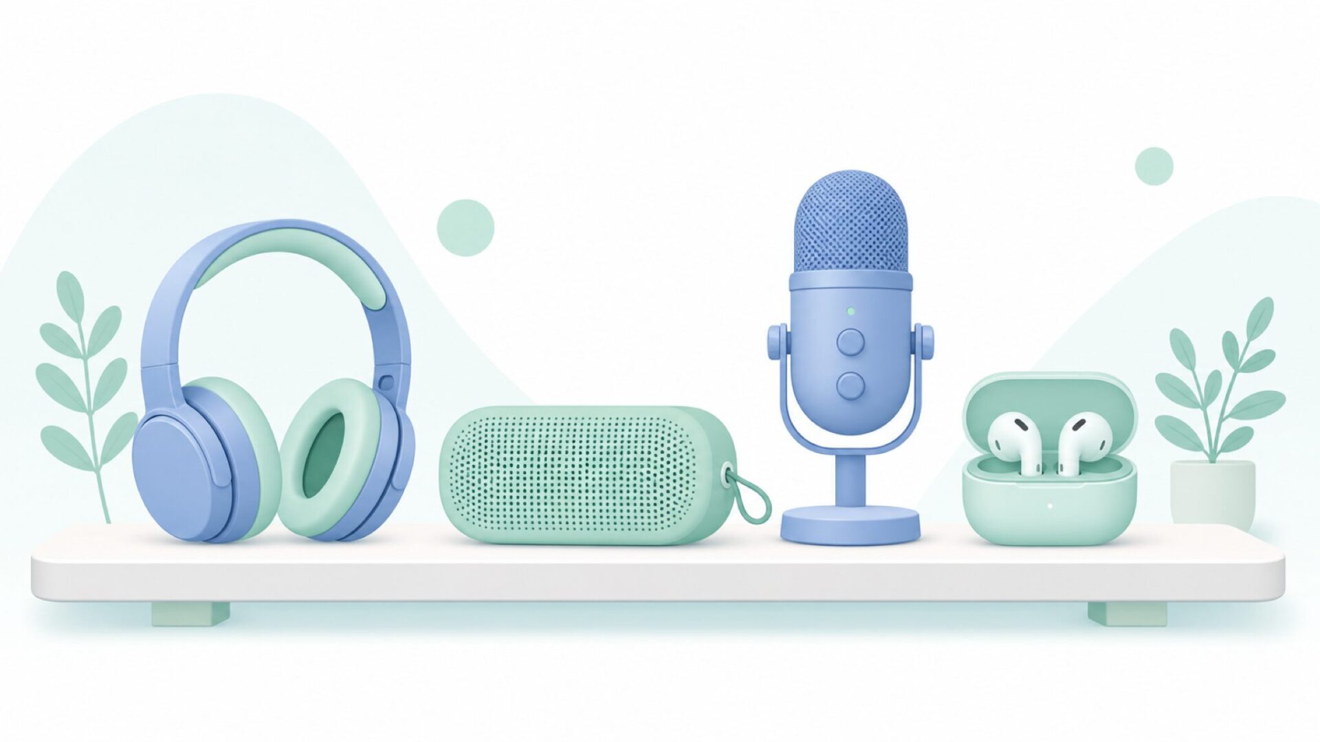 ヘッドホンやスピーカーなどTurcom Audioの製品を並べたイラスト