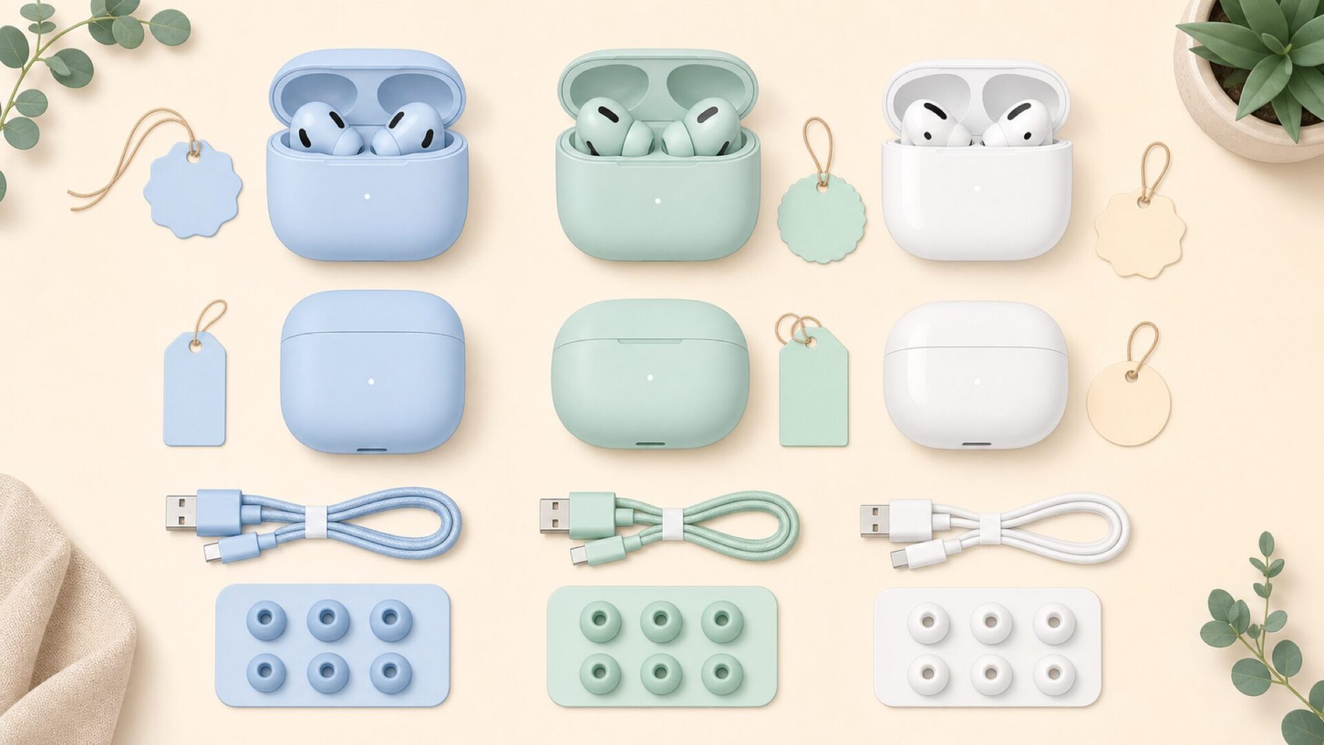 ワイヤレスイヤホンと充電ケース・イヤーチップが整然と並んだ製品ラインアップのイラスト