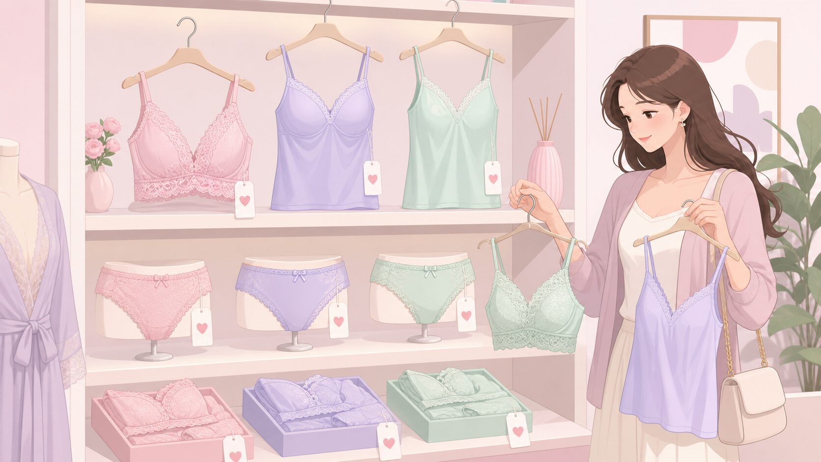 ブティック風の棚にナイトブラやキャミソールが並んだ商品ラインナップイラスト