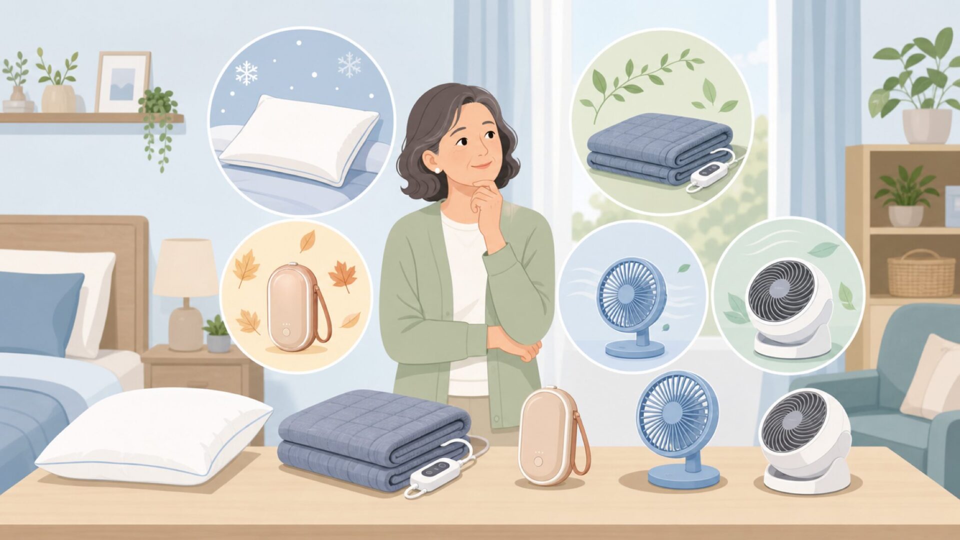 枕や季節家電を用途別に並べた部屋
