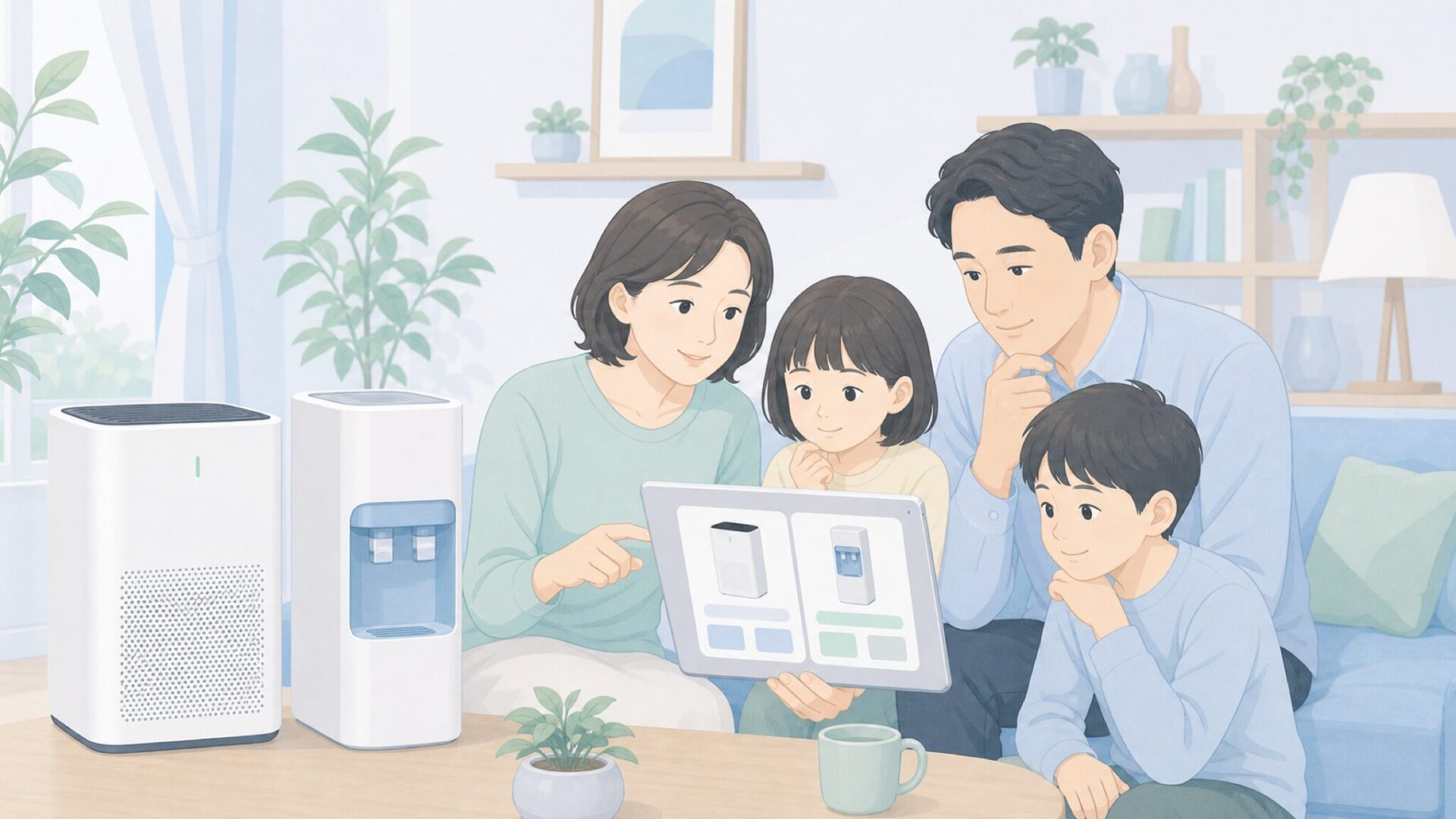空気清浄機とウォーターサーバーを比較する家族