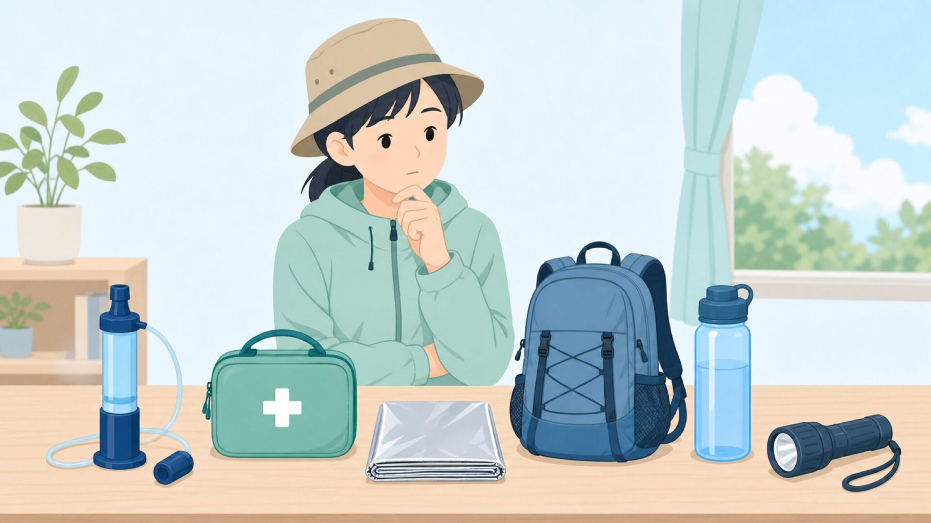 浄水器や救急セットなどの用品を並べたイラスト