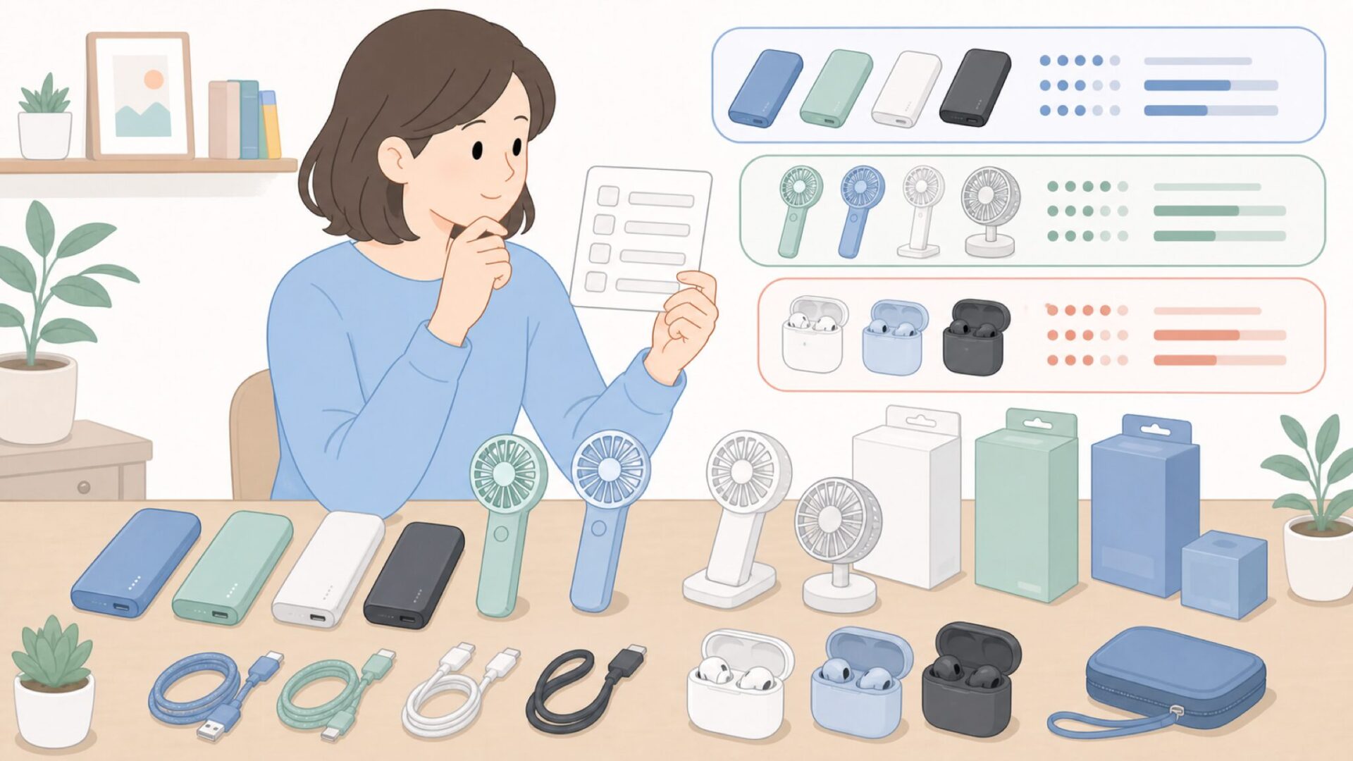 モバイルアクセサリーを並べて比較するイラスト
