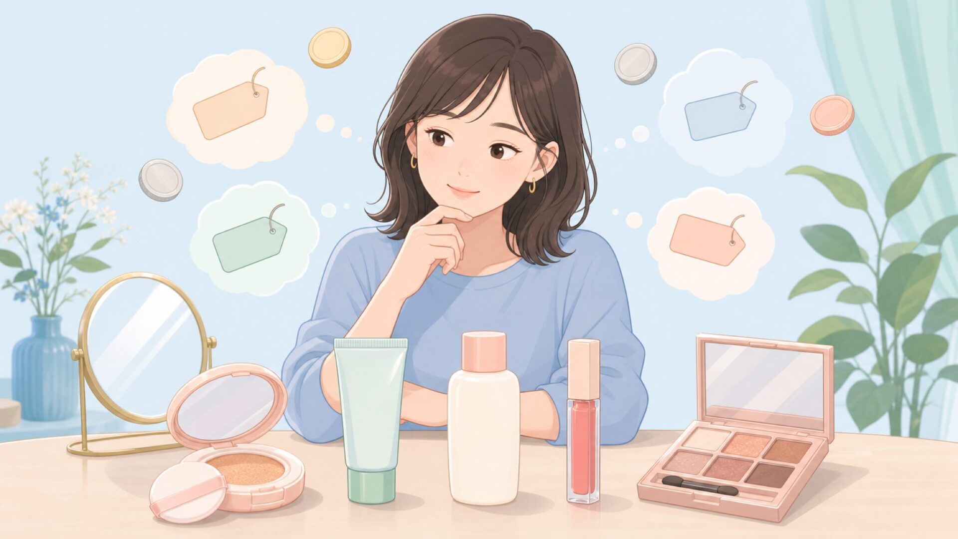 代表コスメを比較する女性のイラスト