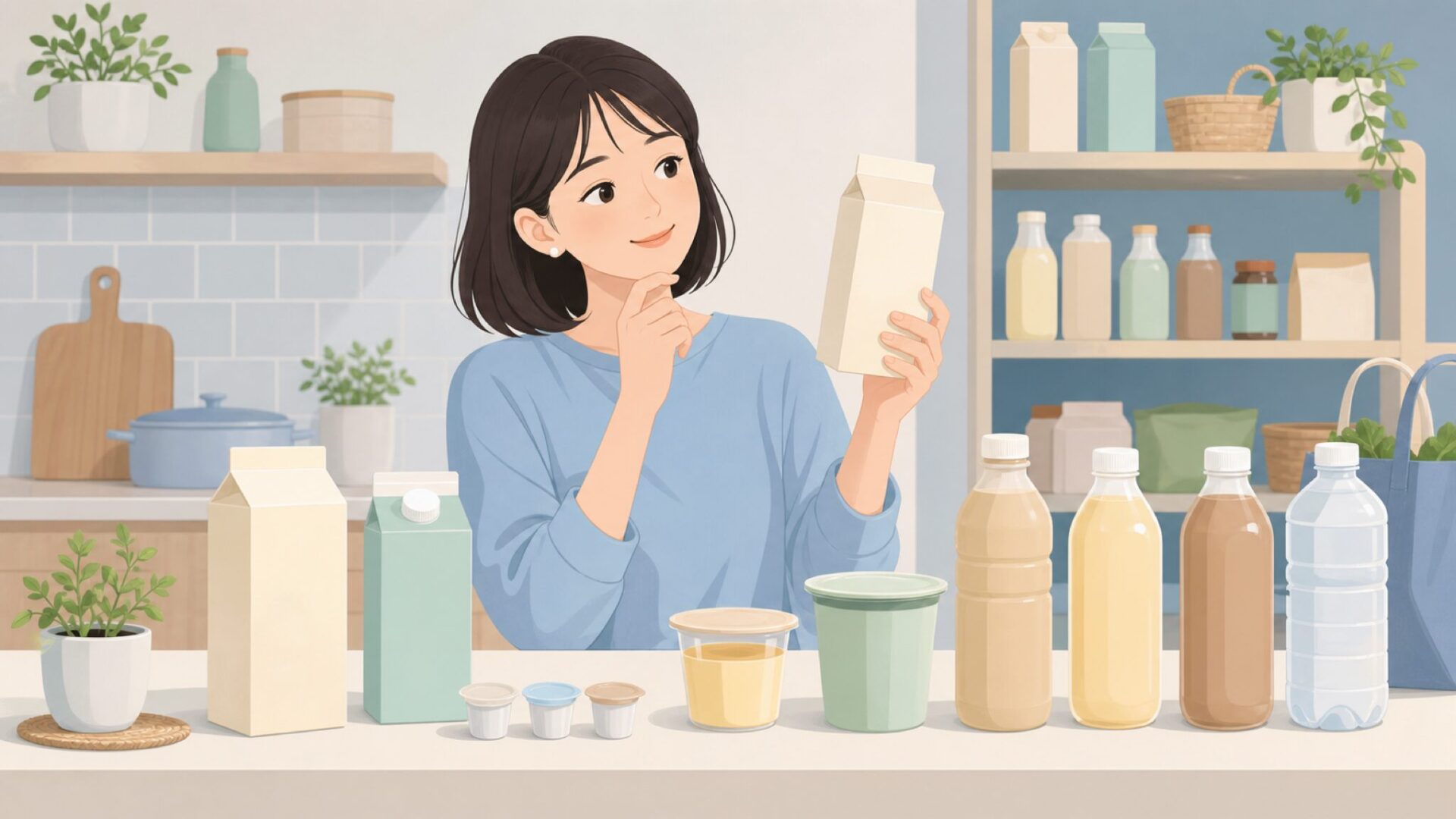 食品と飲料の商品展開を眺める女性
