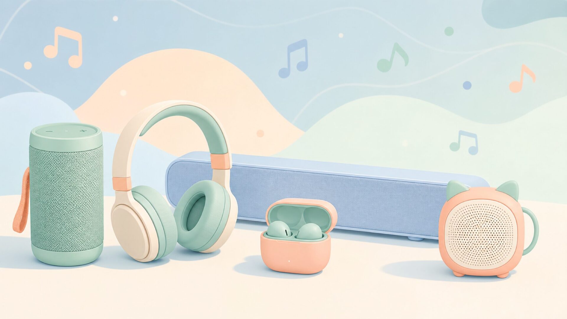 Bluetoothスピーカーやヘッドホンなど主要オーディオ製品を並べたイラスト