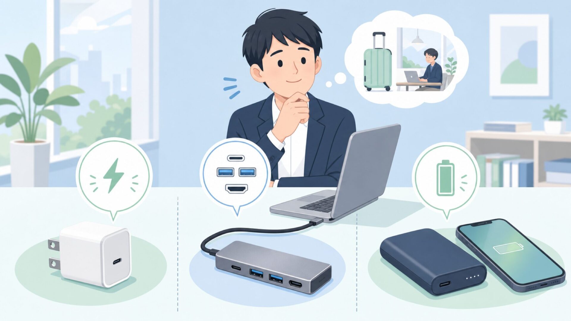 充電器やハブを用途別に比べるイラスト