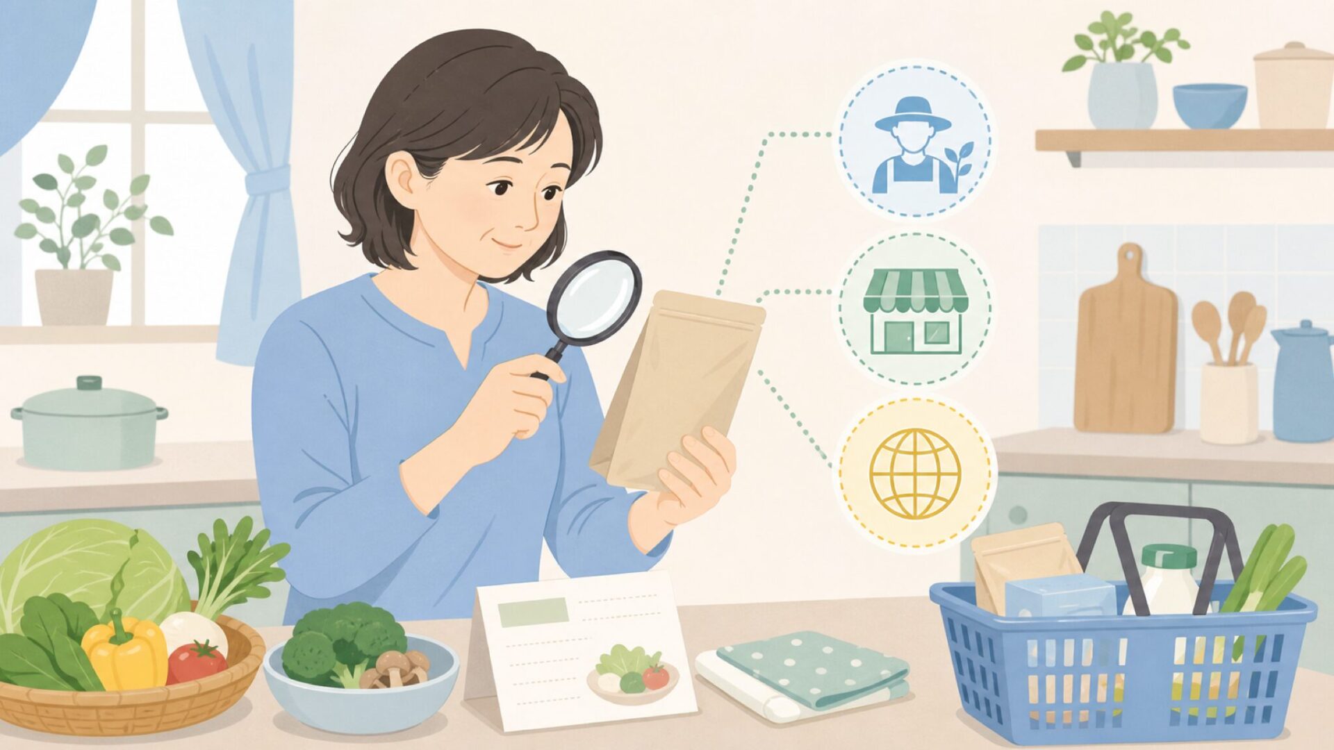 食品商品の販売元を確認する買い物客のイラスト