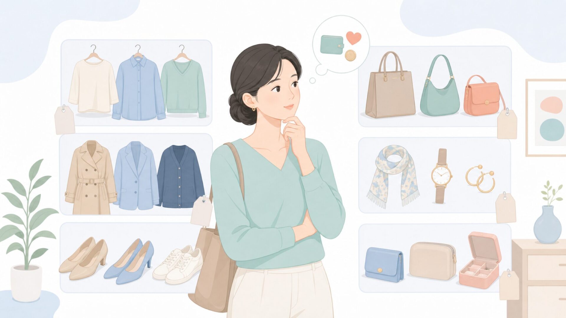 洋服やバッグなどの商品ジャンルを比べる女性