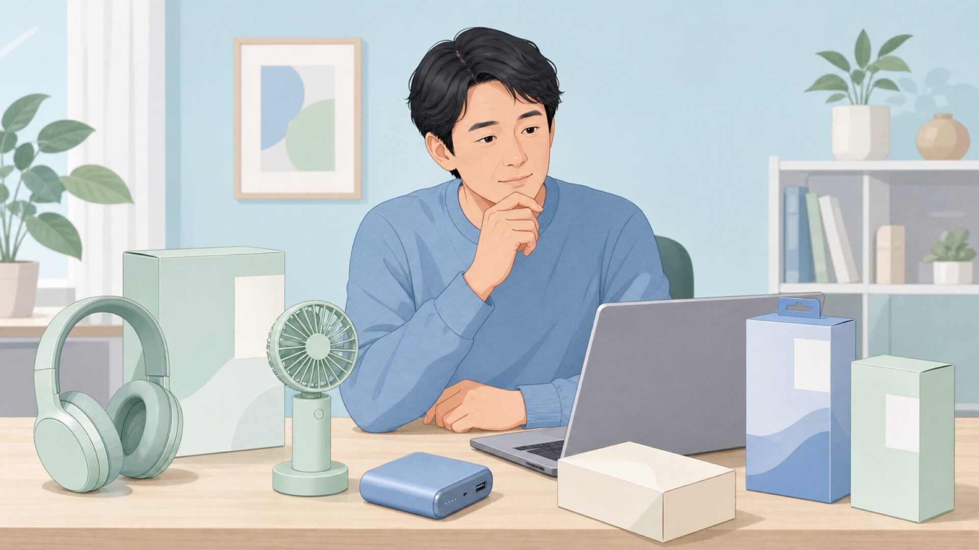 ガジェット商品の評判を確認する人物