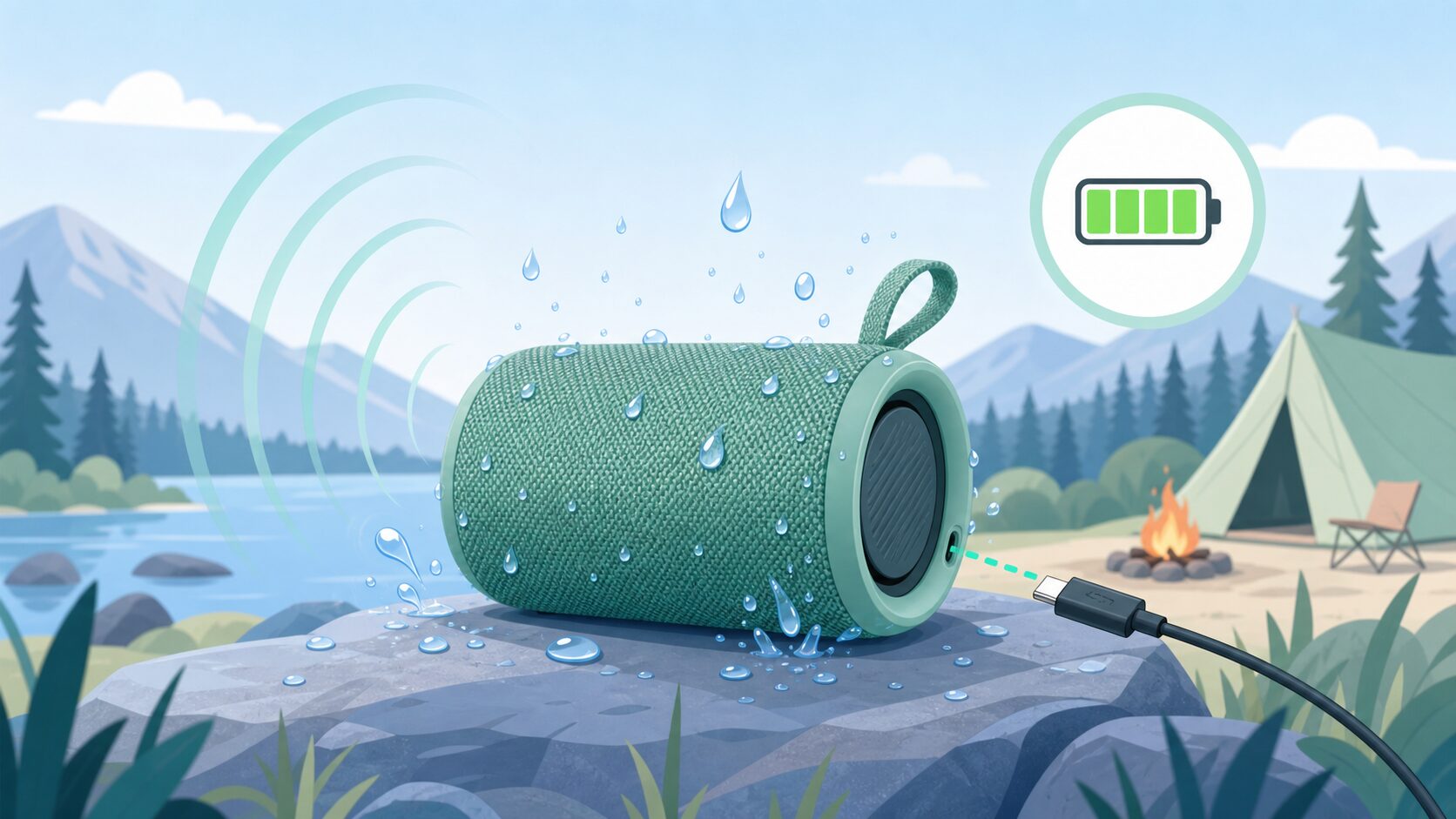 防水・USB-C充電・音波を表現したBluetoothスピーカーとアウトドアシーンのフラットイラスト