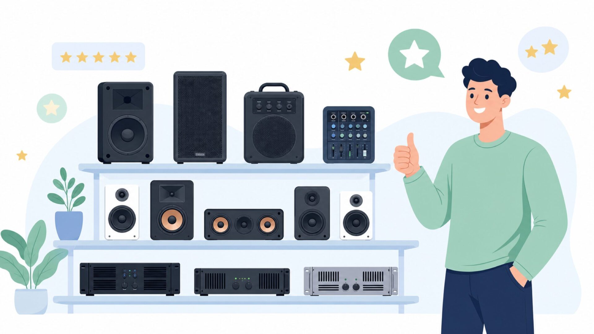 SoundTownのオーディオ機器製品ラインアップと高評価を示すイラスト