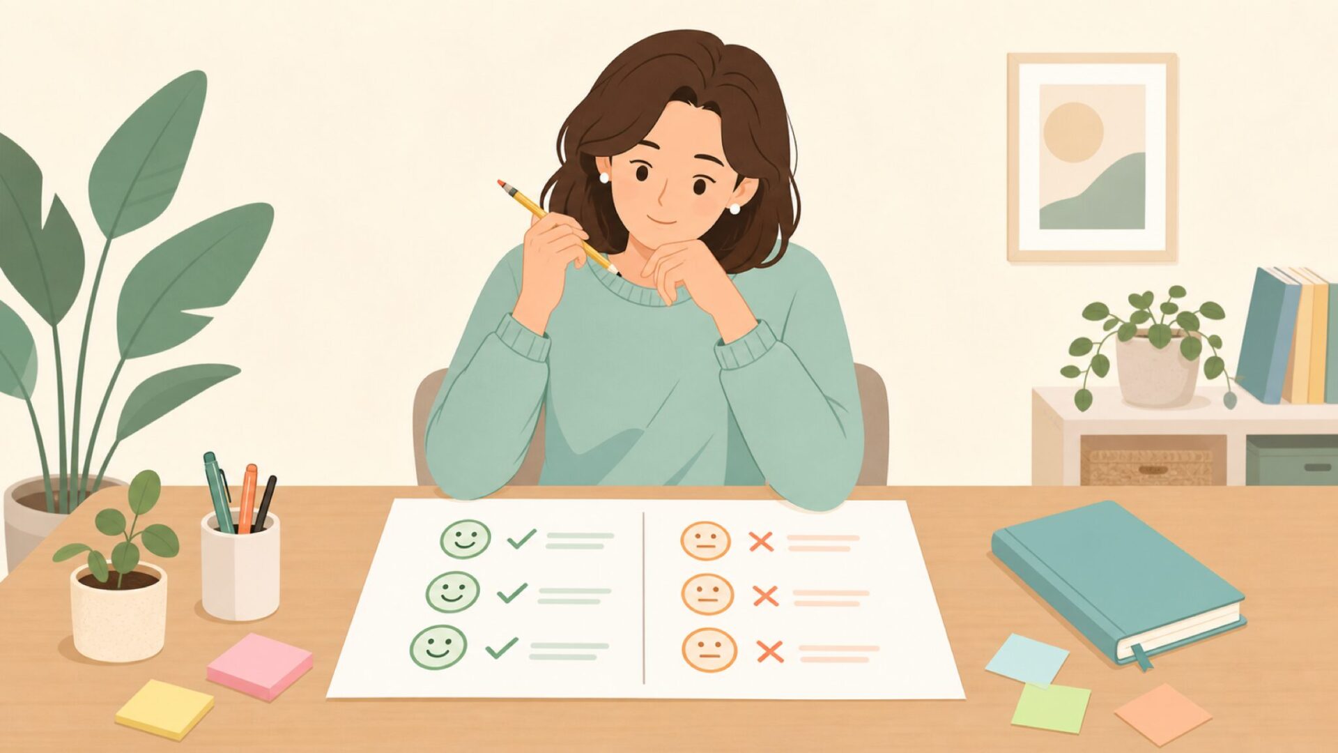 良い点・悪い点をバランスシートで整理する女性のイラスト