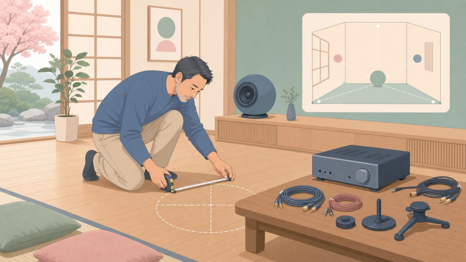 部屋の広さを測りスピーカー設置を確認する男性