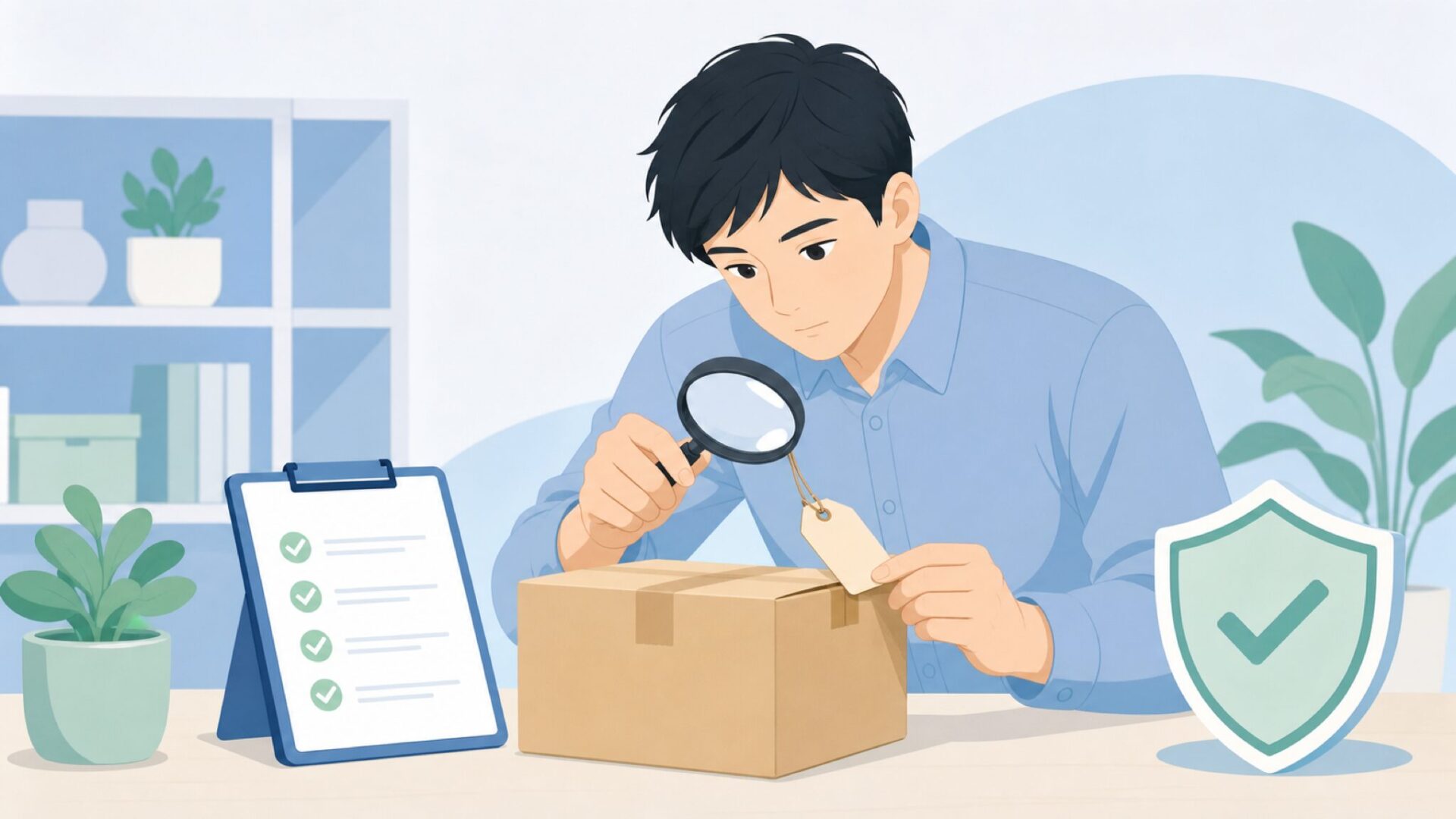 購入前のチェックリストを確認する男性のイラスト