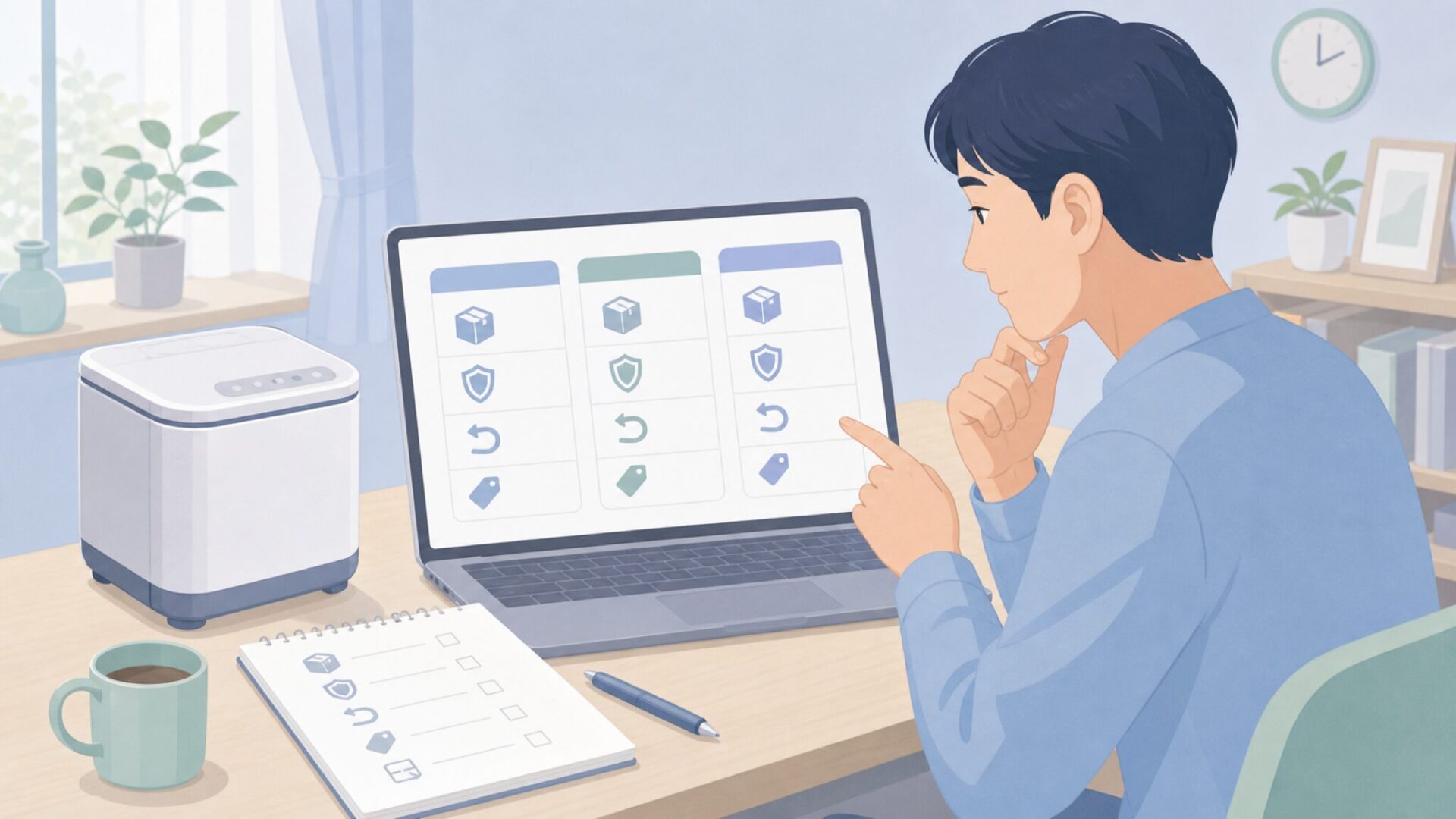 販売元や保証を比較する購入者のイラスト