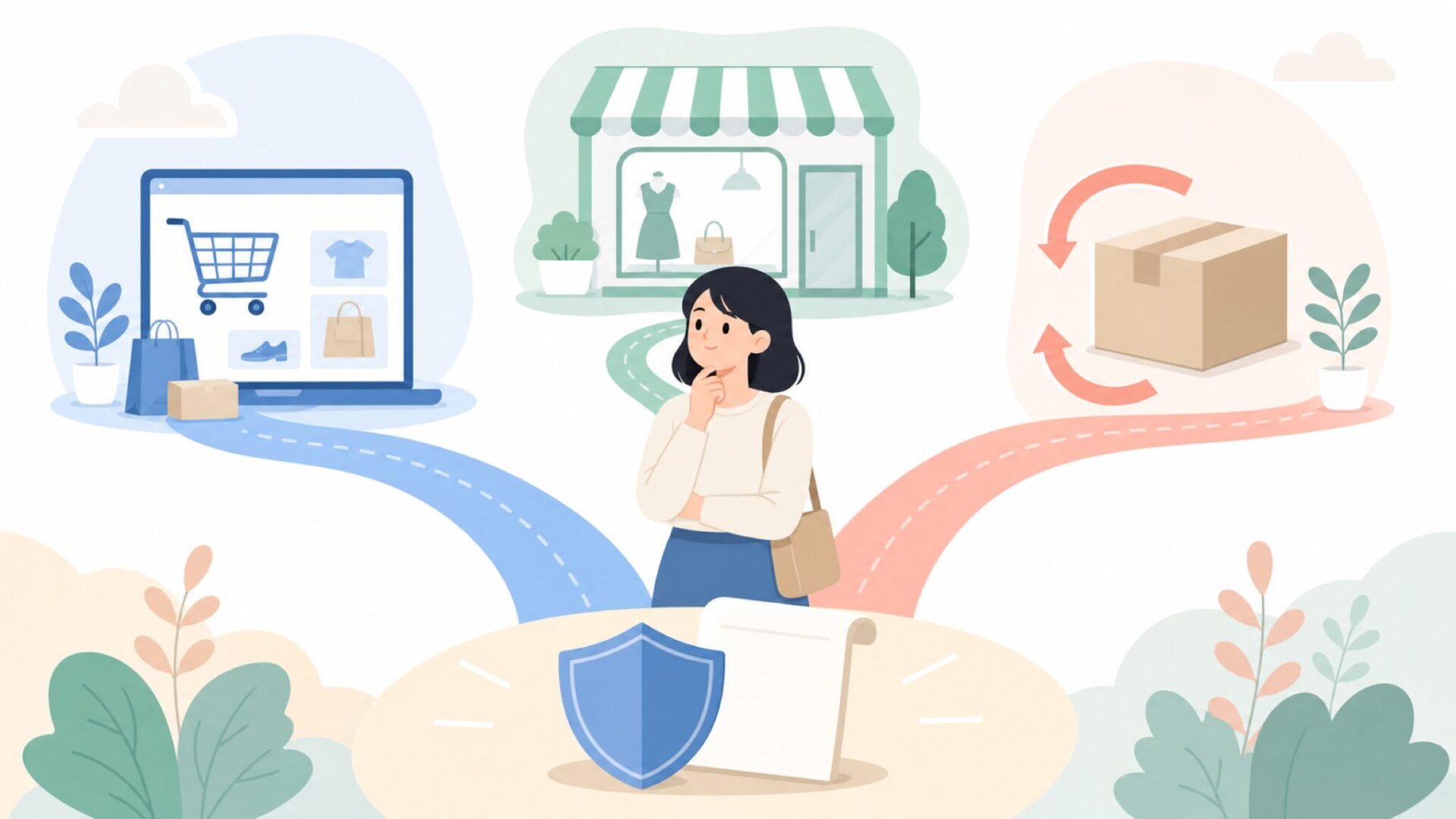 購入チャネルを比較する人物のイラスト