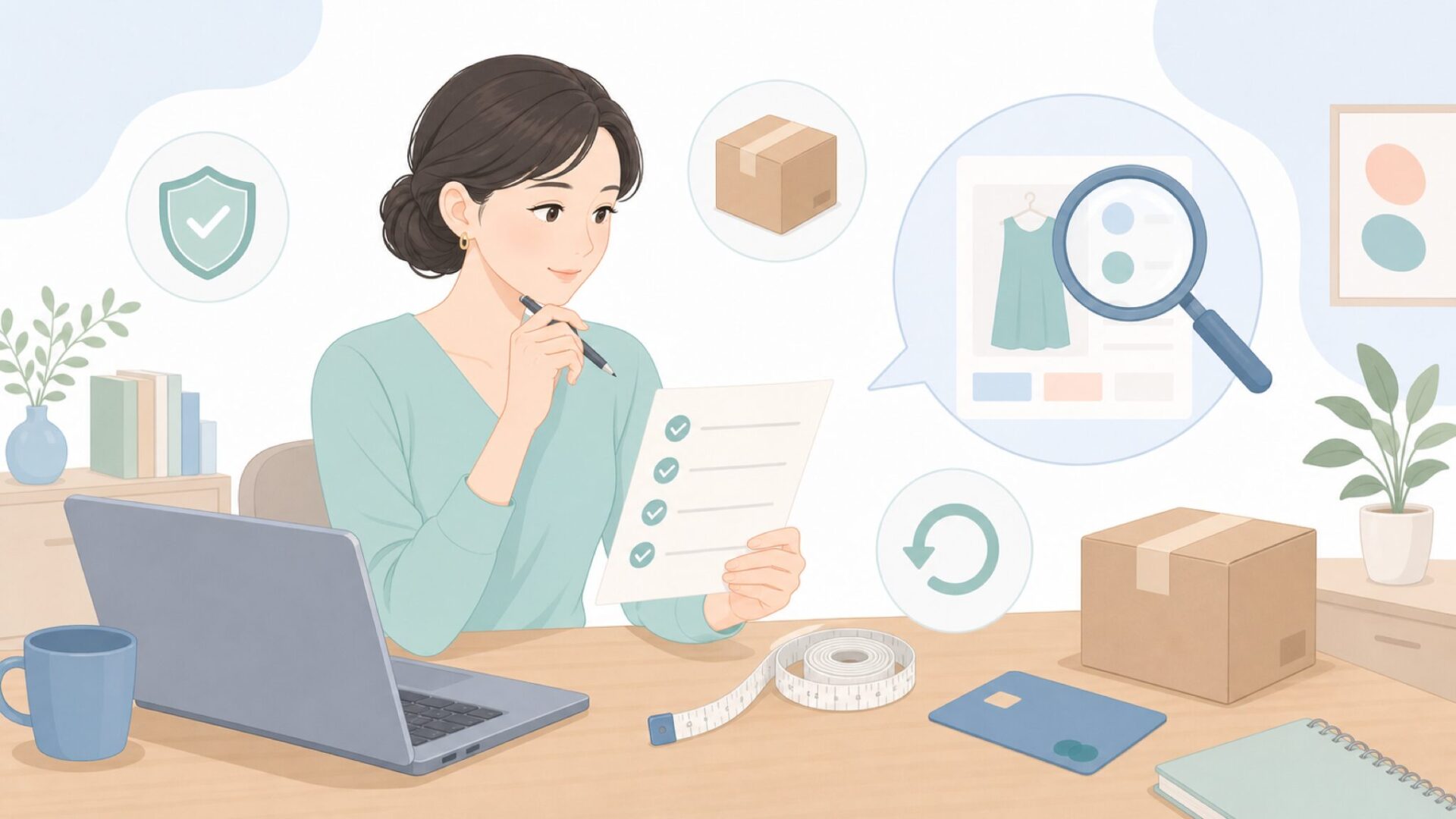海外ECの購入前チェックを進める女性