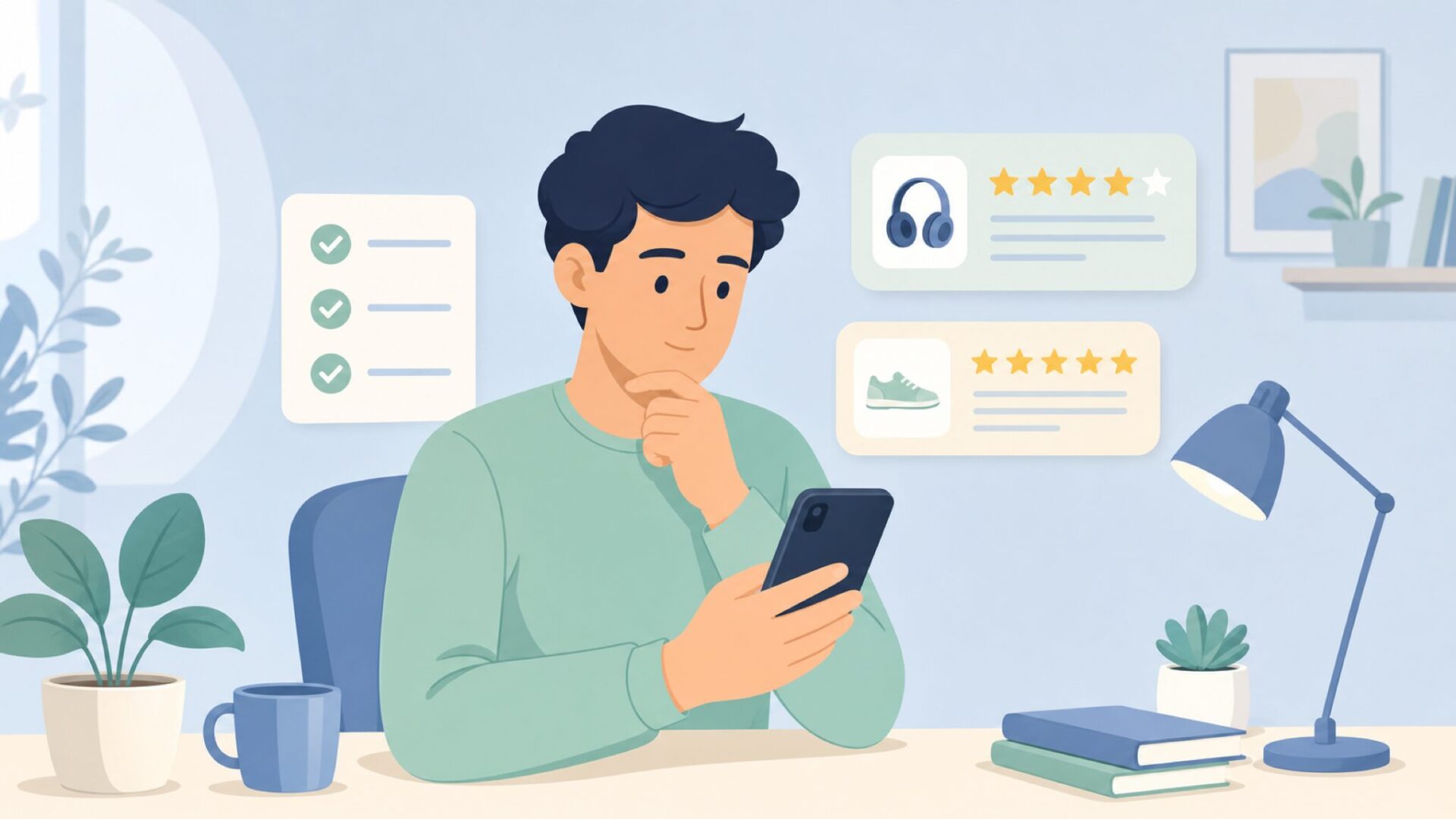 スマートフォンでレビューを調べて購入検討する男性のイラスト