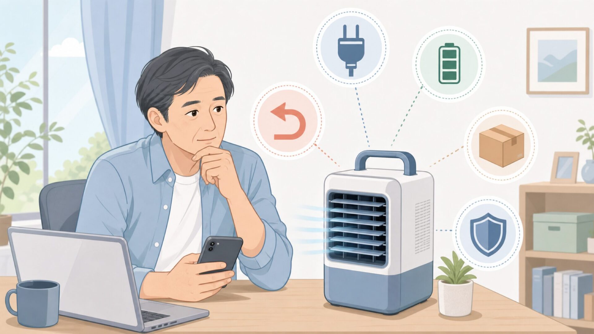 購入前に保証や電源を確認する様子