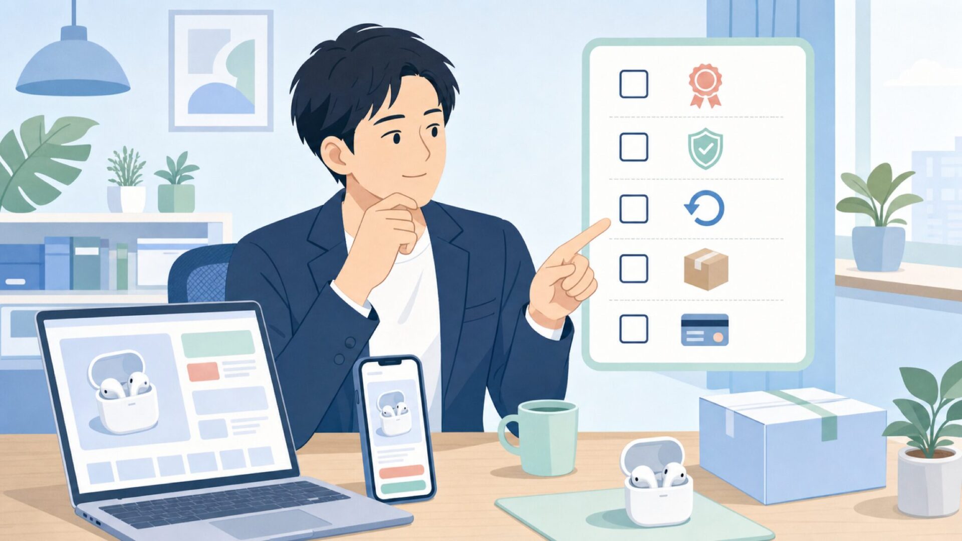 購入前チェックリストを確認するイラスト