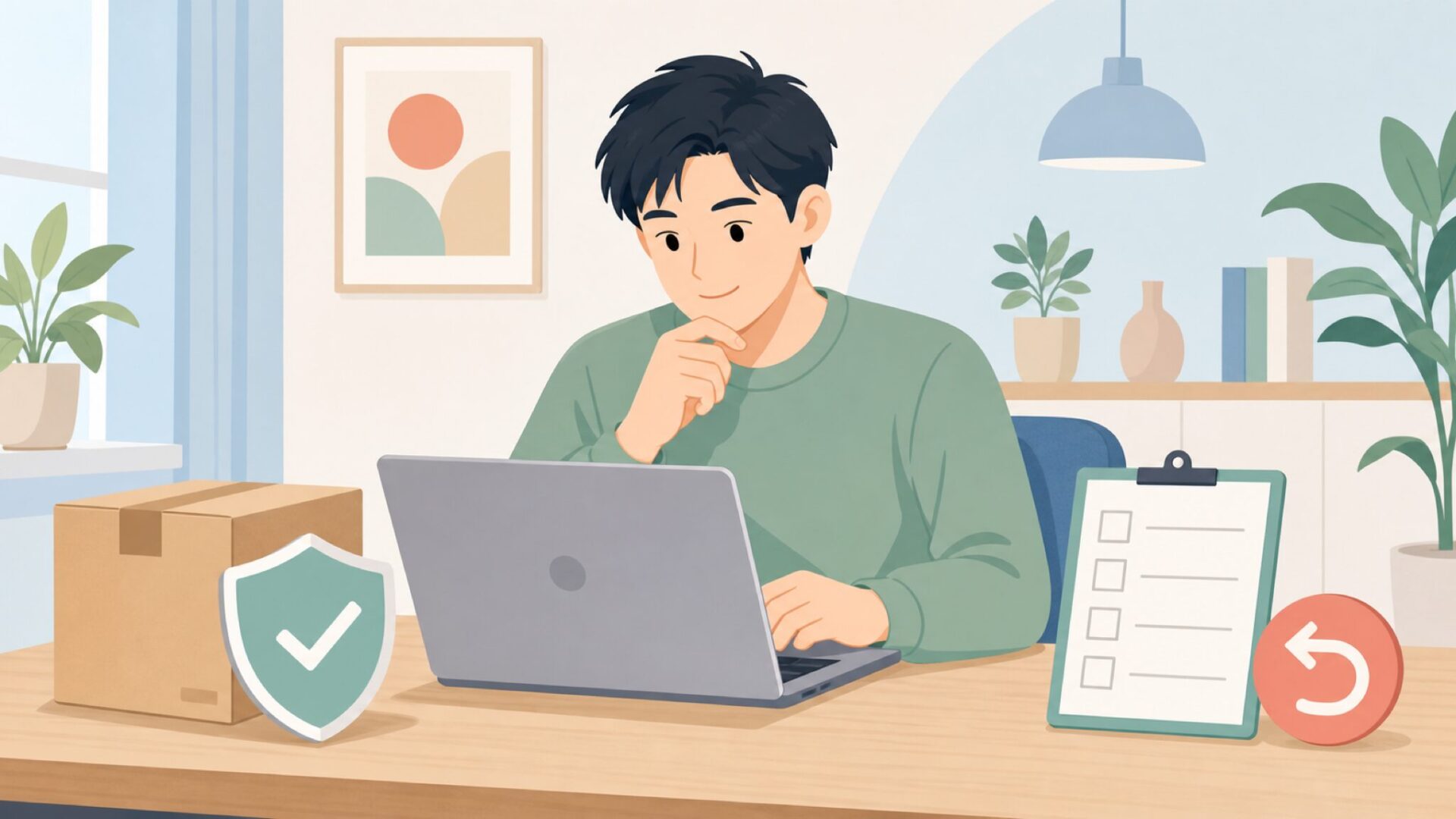 購入前の確認項目を見直す人物のイラスト