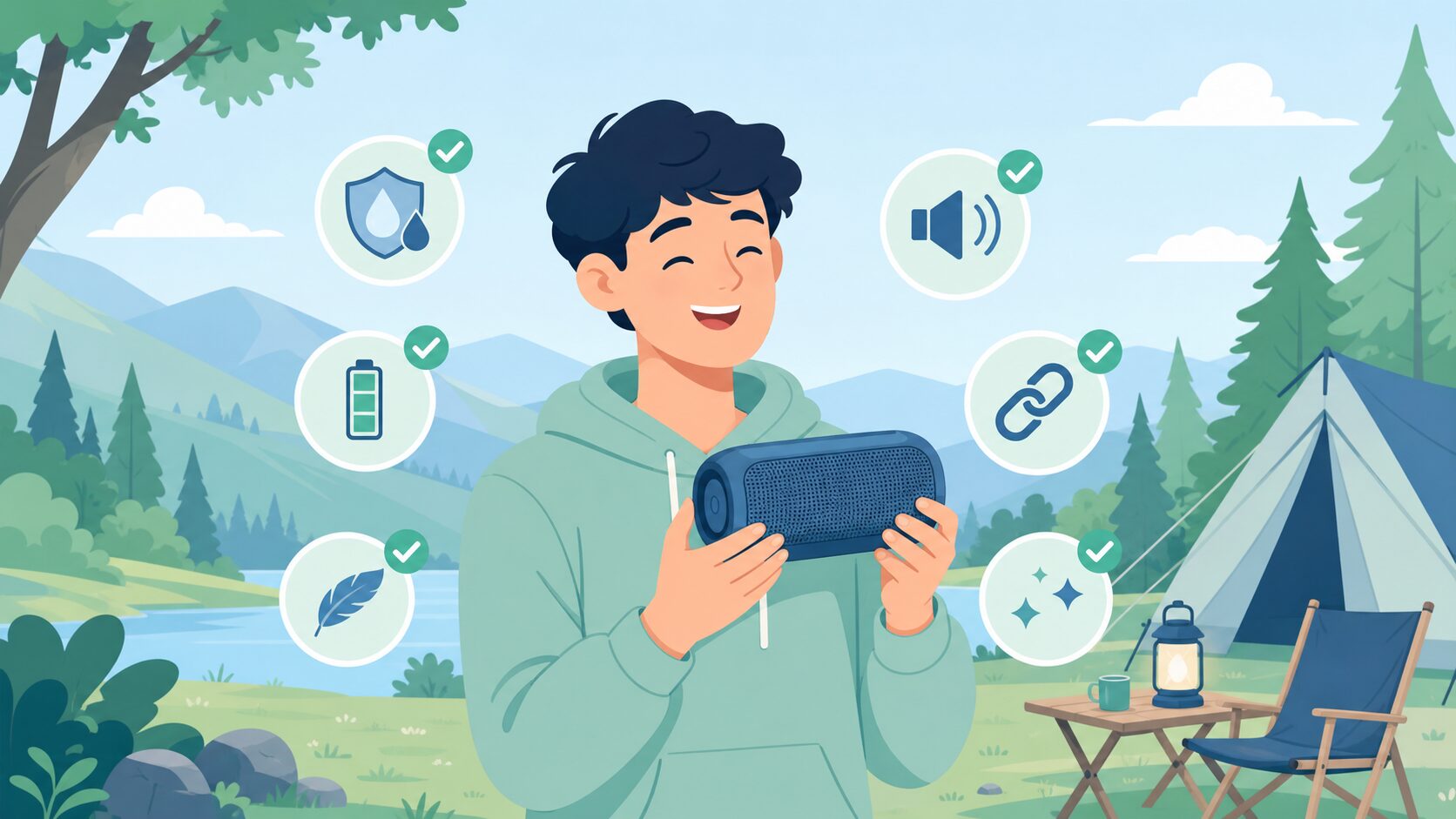 キャンプアウトドアでBluetoothスピーカーを持って満足そうな男性のフラットイラスト