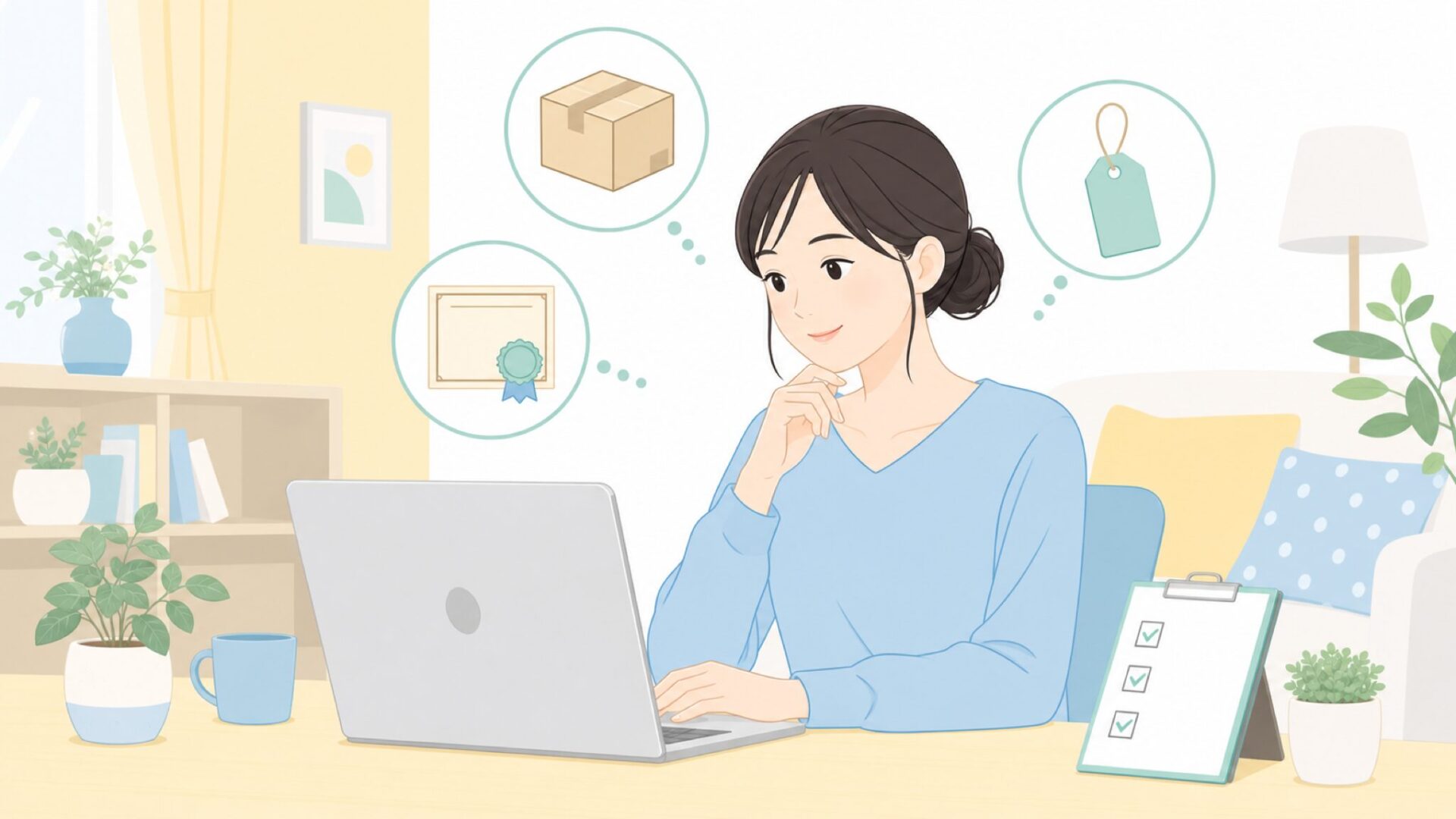 ノートパソコンとチェックリストで購入確認する女性のイラスト