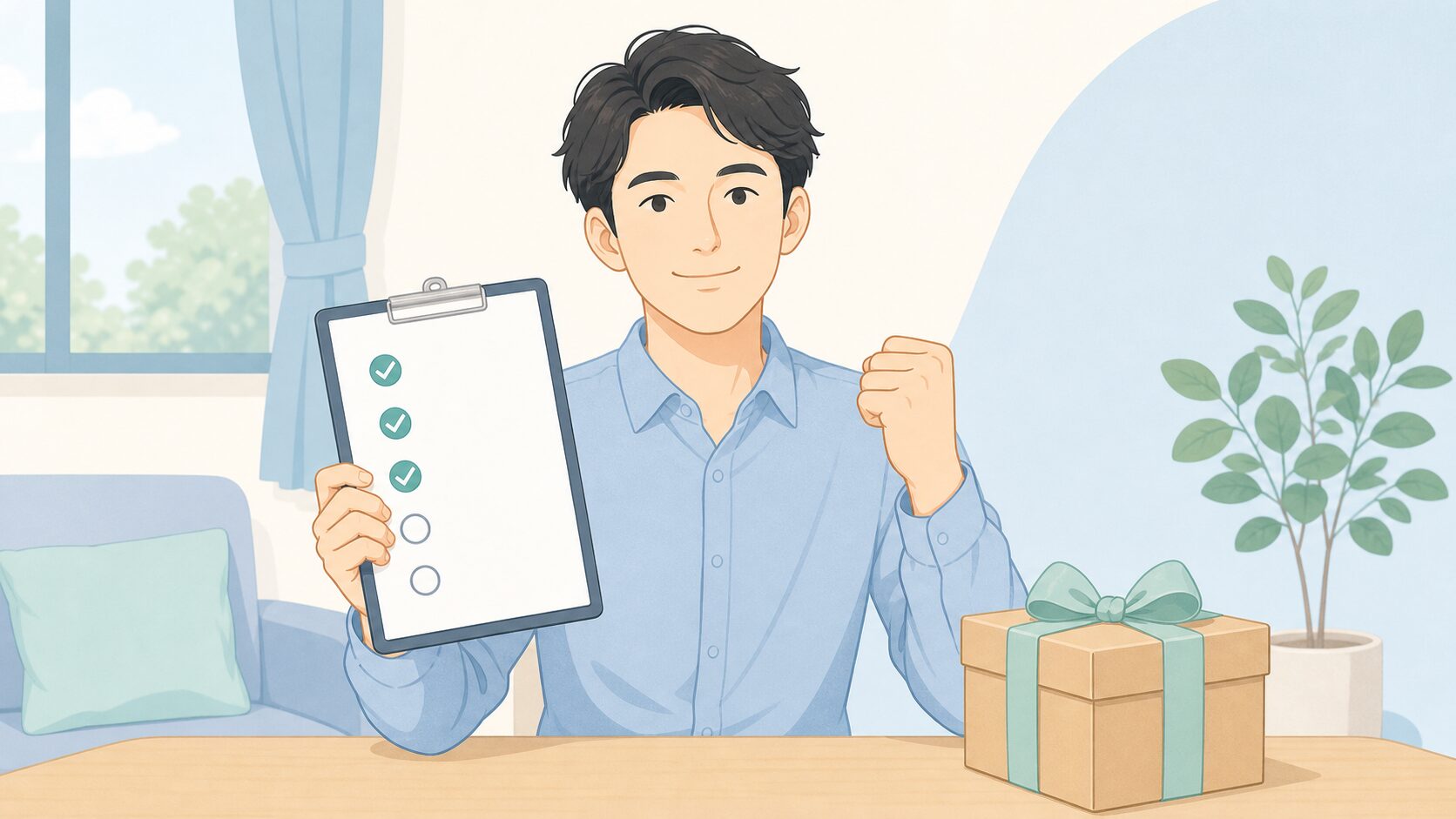 チェックリストを手に満足げな表情の男性のフラットイラスト