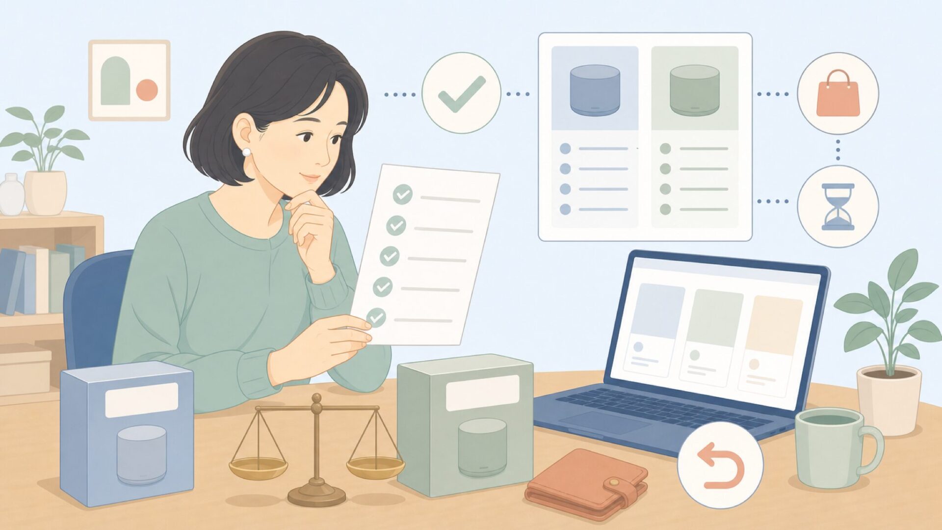 購入判断のチェック項目を確認するイラスト