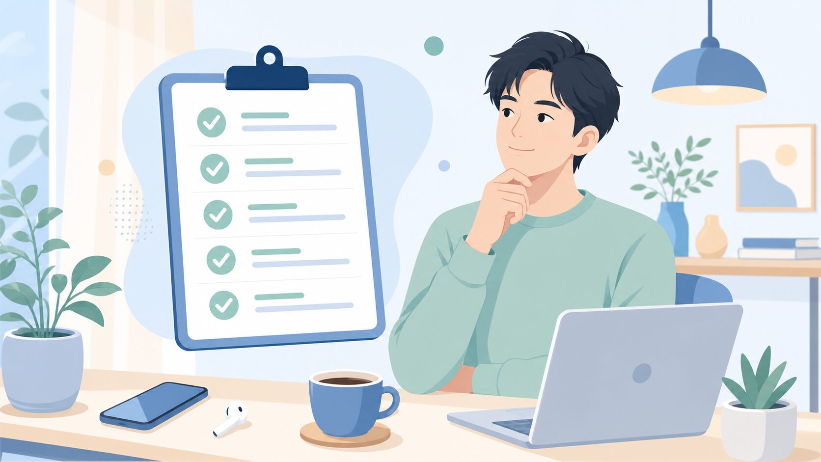 購入前のチェックリストを確認する若い男性のイラスト