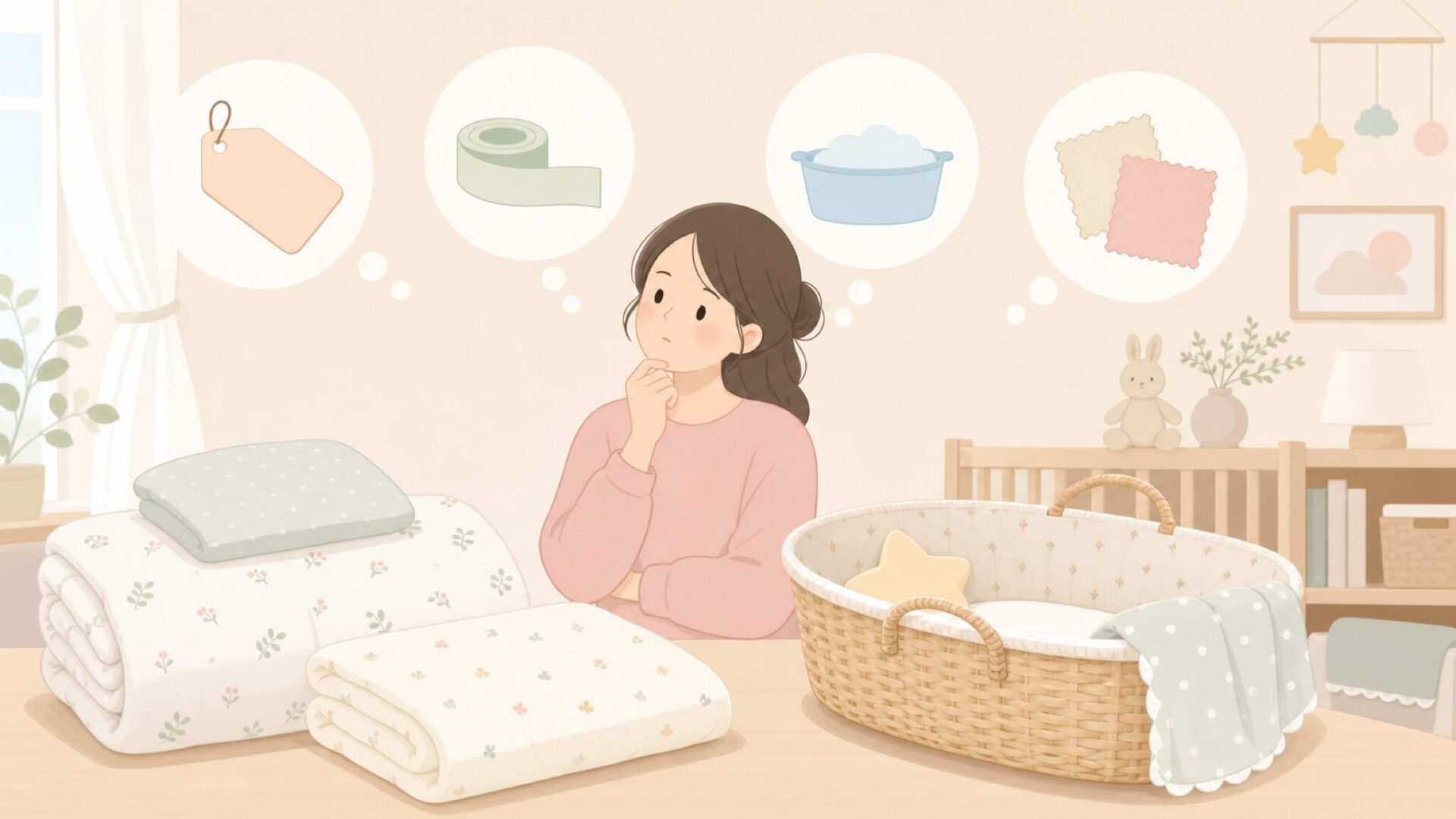 購入前の不安点を確認するベビー用品イラスト